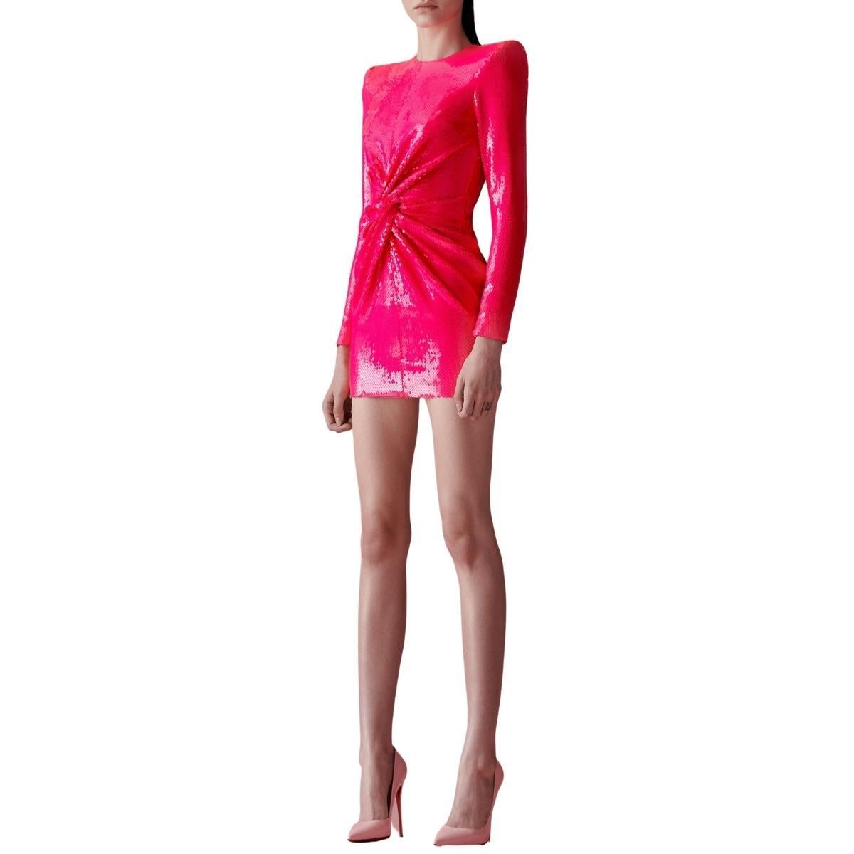 Follow us on Insta @runwaycatalog
Neon-pink Jade sequin-embellished structured mini dress
Sequin embroidery
Twisted detail
Round neck
Long sleeves
Structured shoulders
Straight hem
Back zip fastening
Satin lining
Composition: 100% Polyester
Lining: