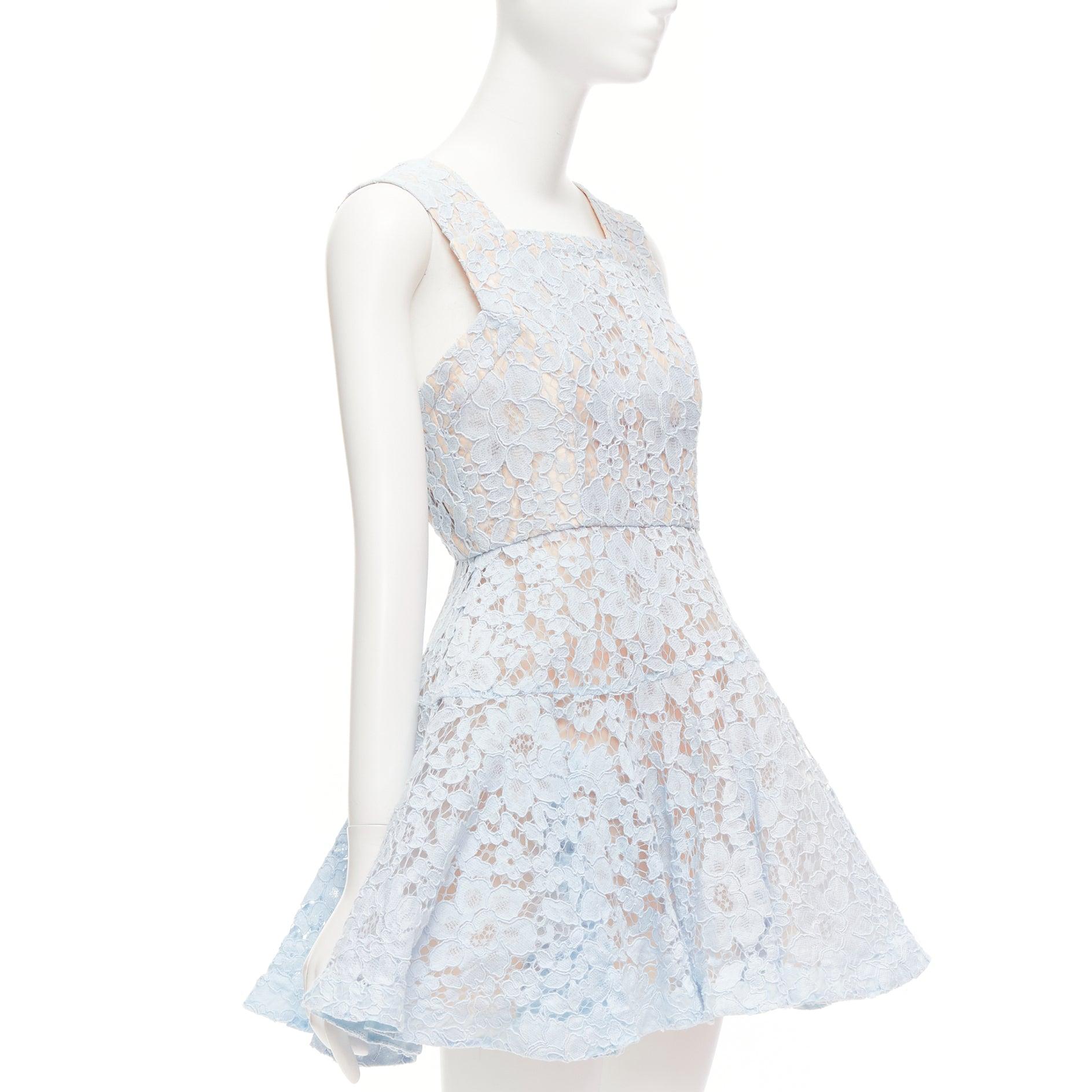 Gray ALEX PERRY Kea powder blue lace full tulle fit flared dress UK8 S For Sale