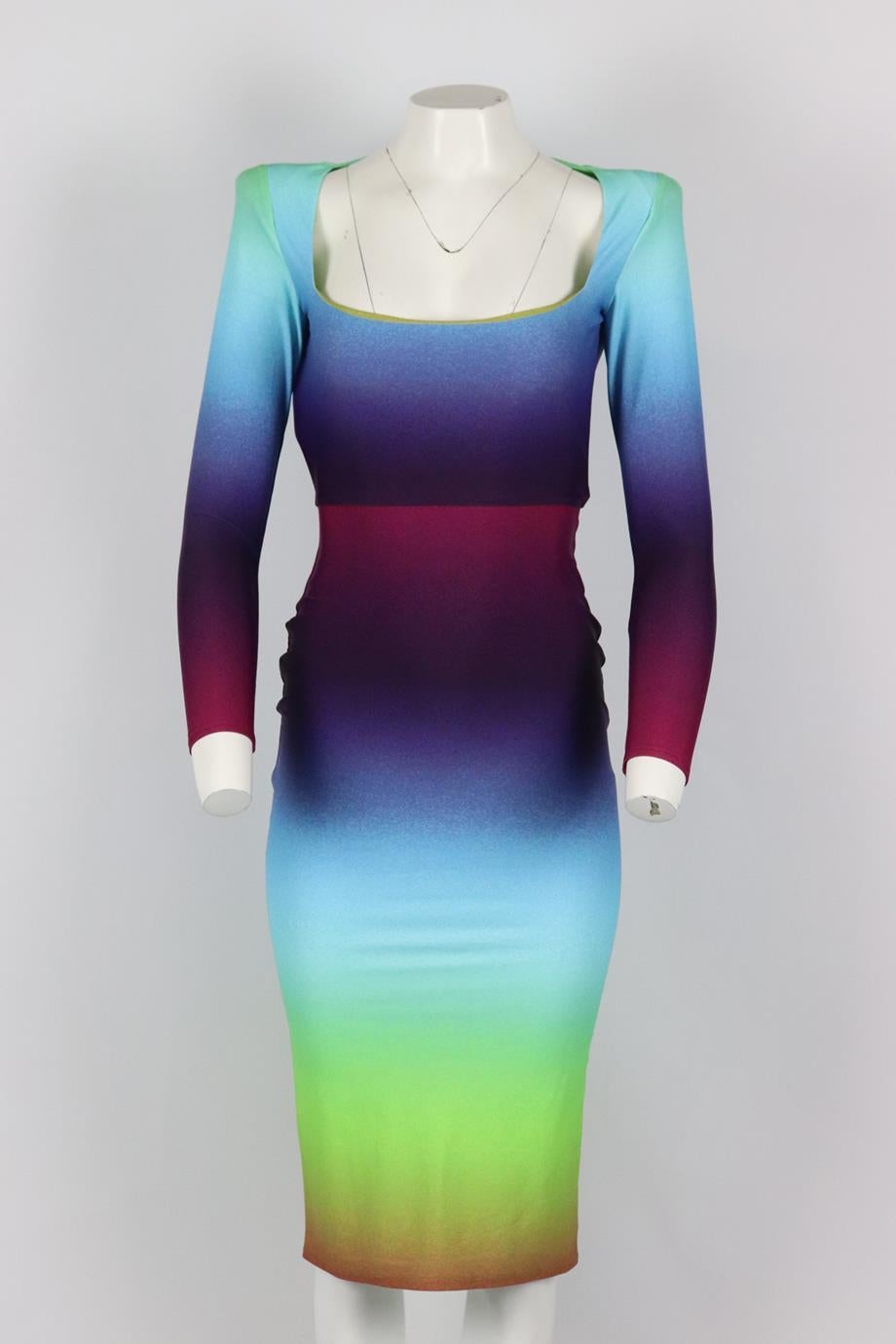 Alex Perry ombré stretch jersey midi dress. Multicoloured. Long sleeve, square neck. Zip fastening at back. 82% Nylon, 18% elastane. Size: UK 10 (US 6, FR 38, IT 42). Bust: 29 in. Waist: 22 in. Hips: 27.4 in. Length: 42.5 in. Very good condition -