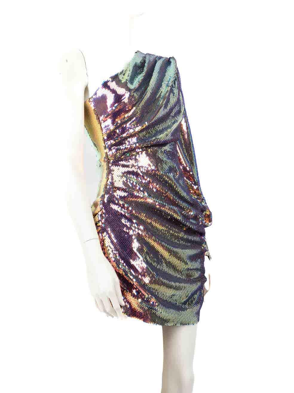 CONDITION is Never worn, with tags. No visible wear to dress is evident on this new Alex Perry designer resale item.
 
 Details
 Multicolour
 Polyester
 Dress
 Sequinned embellishment
 Mini
 Asymmetric one shoulder neckline
 Shoulder pad
 Long puff