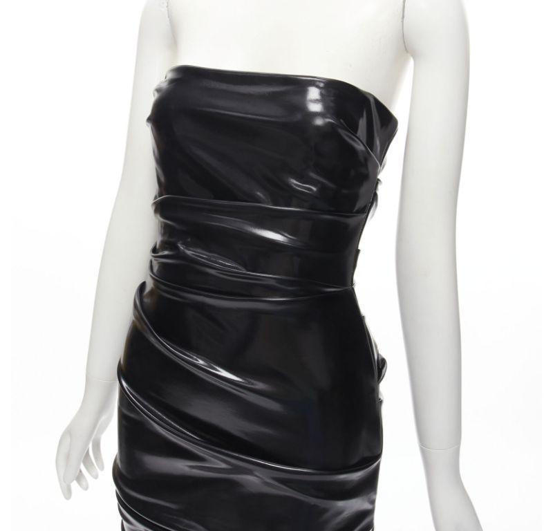 ALEX PERRY Runway Deacon black vinyl latek ruched strapless dress UK6 XS 3