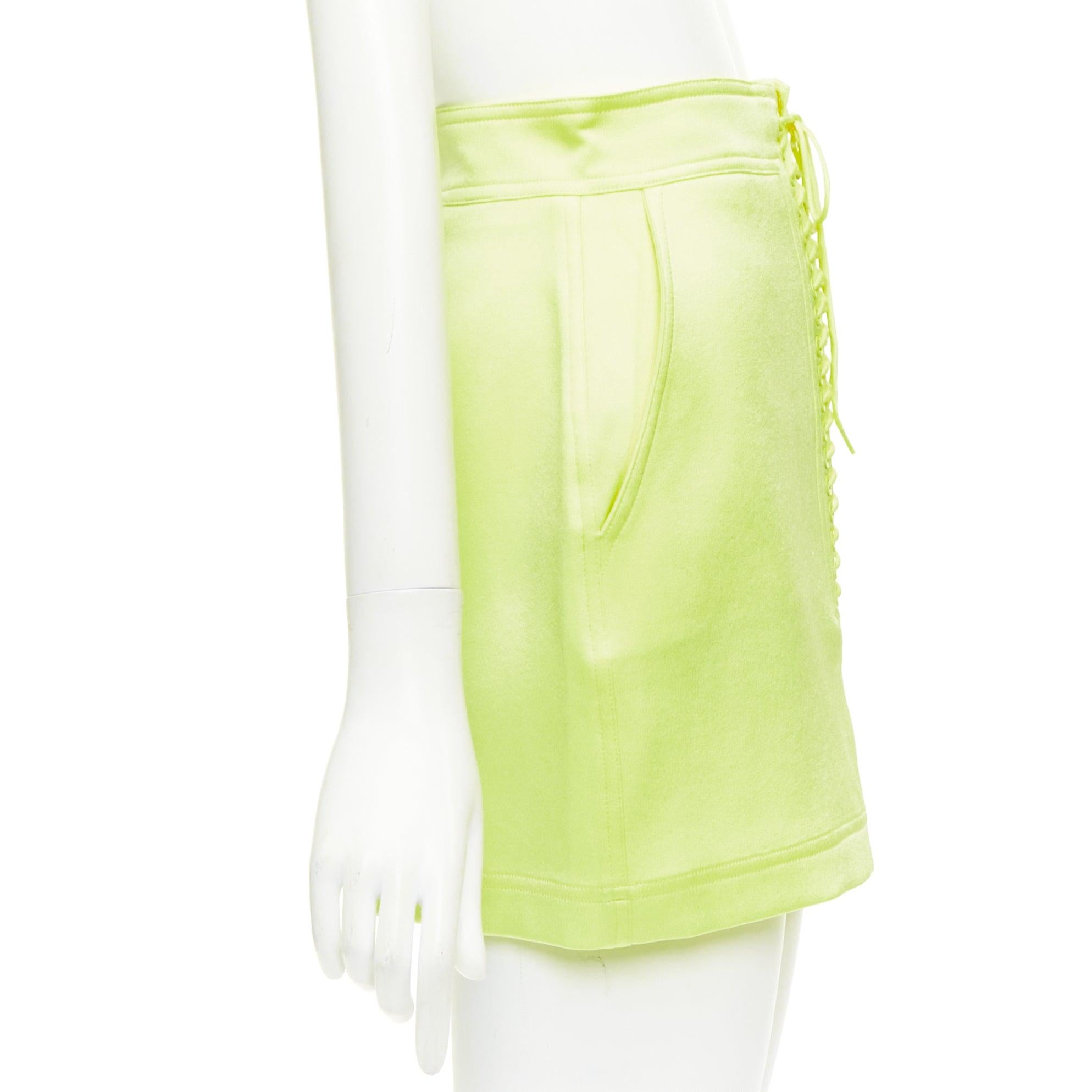 ALEX PERRY Spence neon yellow satin lace up rounded mini skirt UK6 XS In Good Condition For Sale In Hong Kong, NT