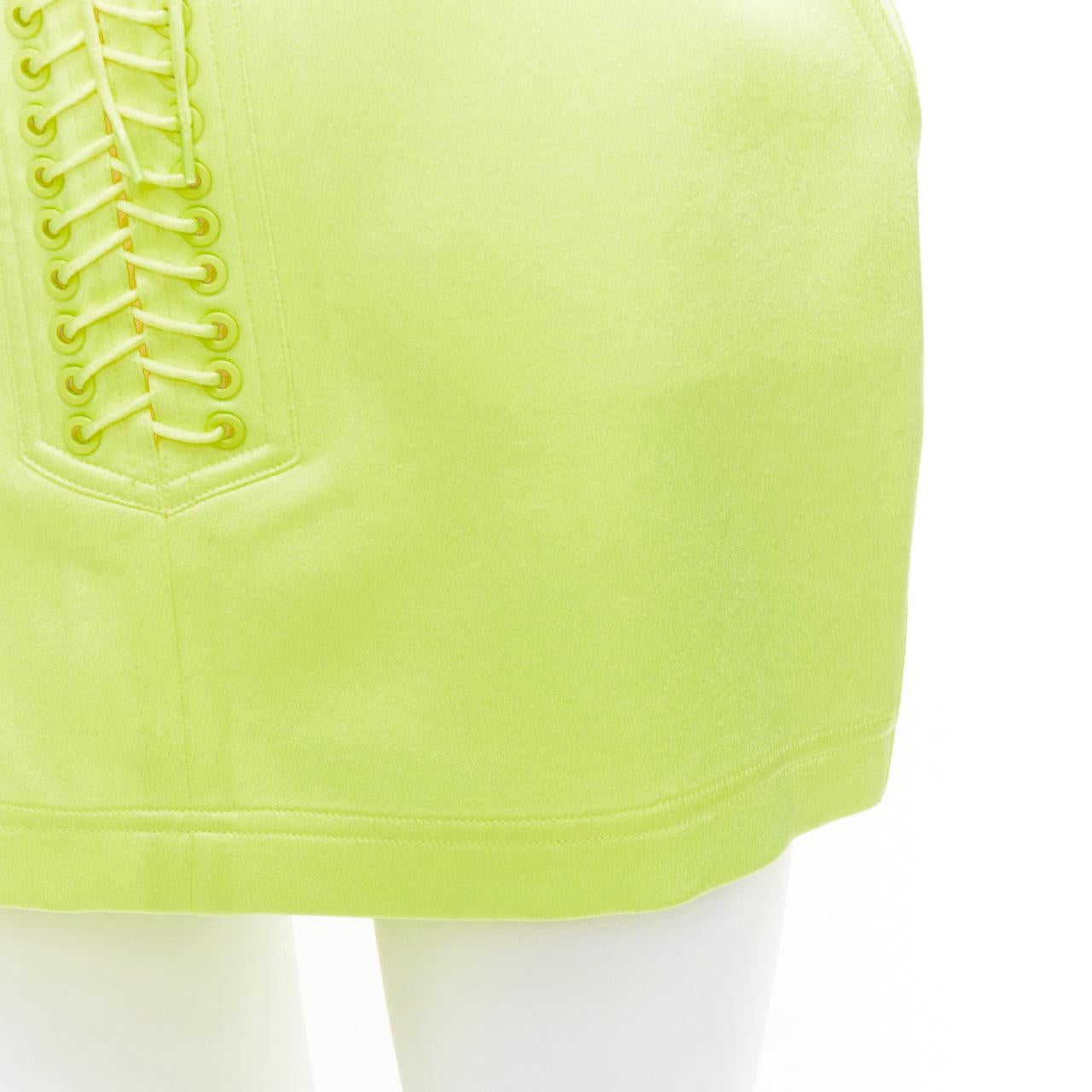 ALEX PERRY Spence neon yellow satin lace up rounded mini skirt UK6 XS For Sale 2