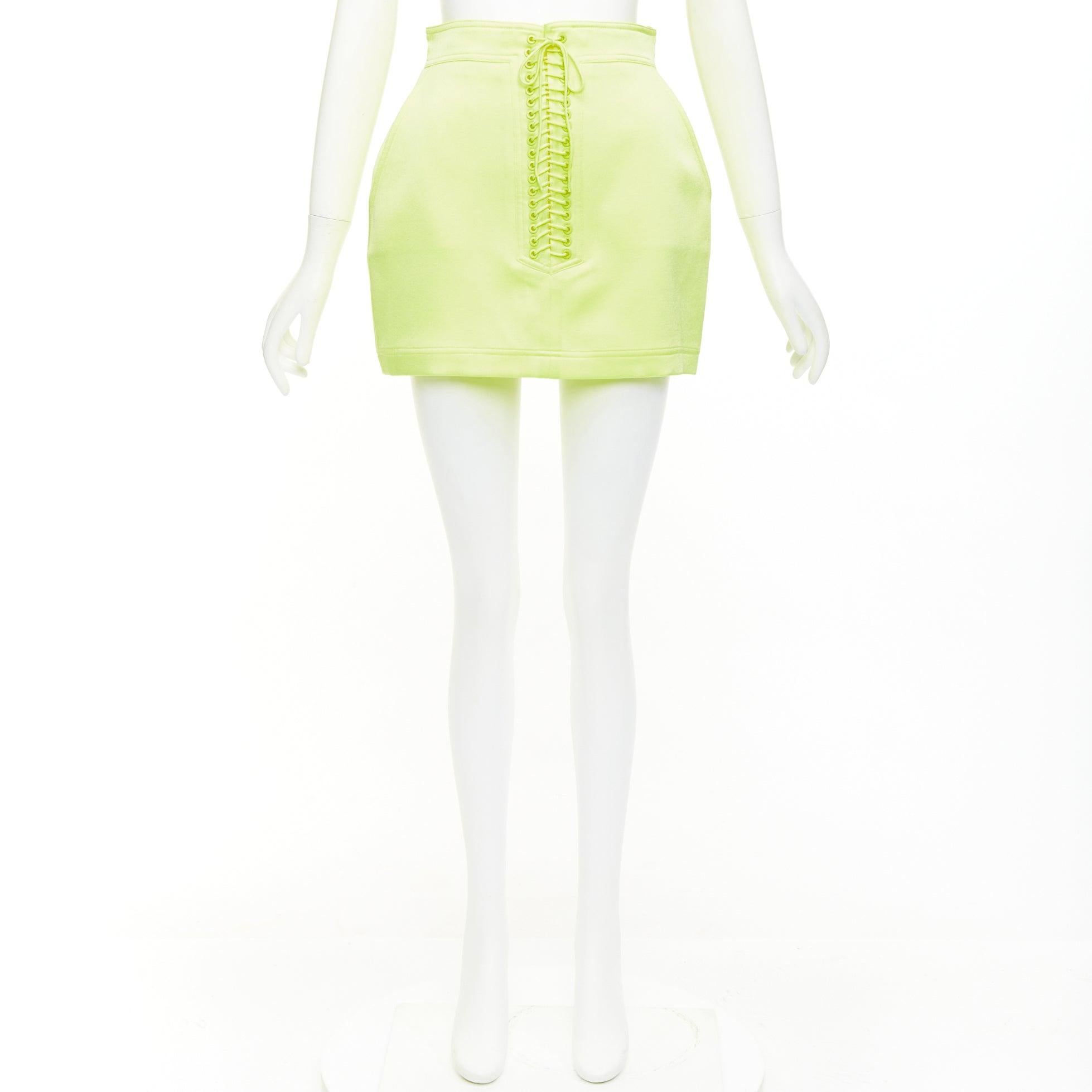 ALEX PERRY Spence neon yellow satin lace up rounded mini skirt UK6 XS For Sale 4
