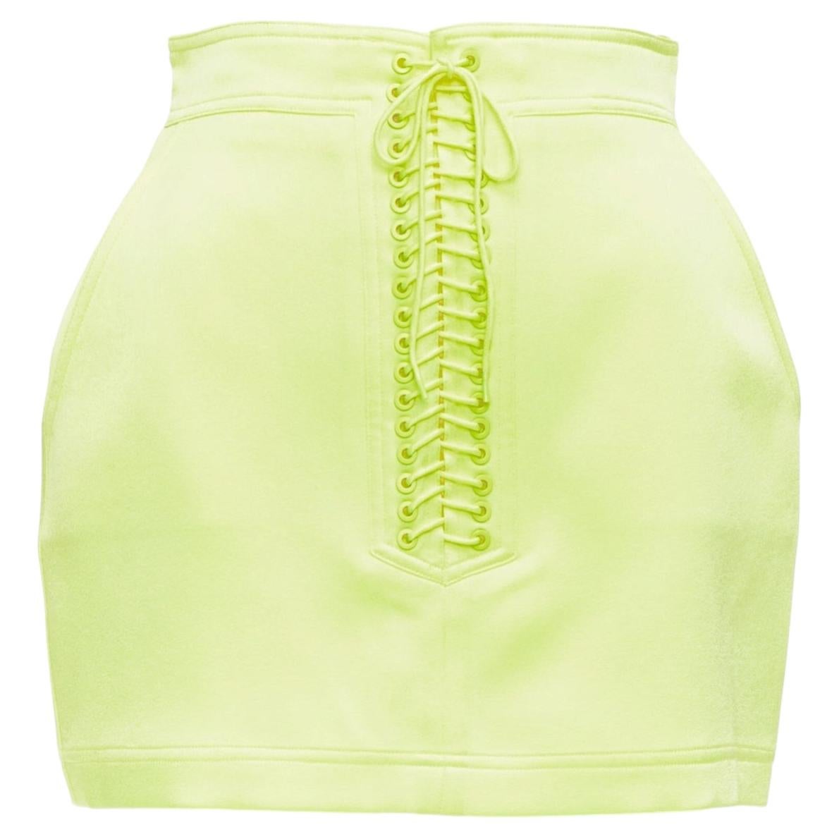 ALEX PERRY Spence neon yellow satin lace up rounded mini skirt UK6 XS For Sale