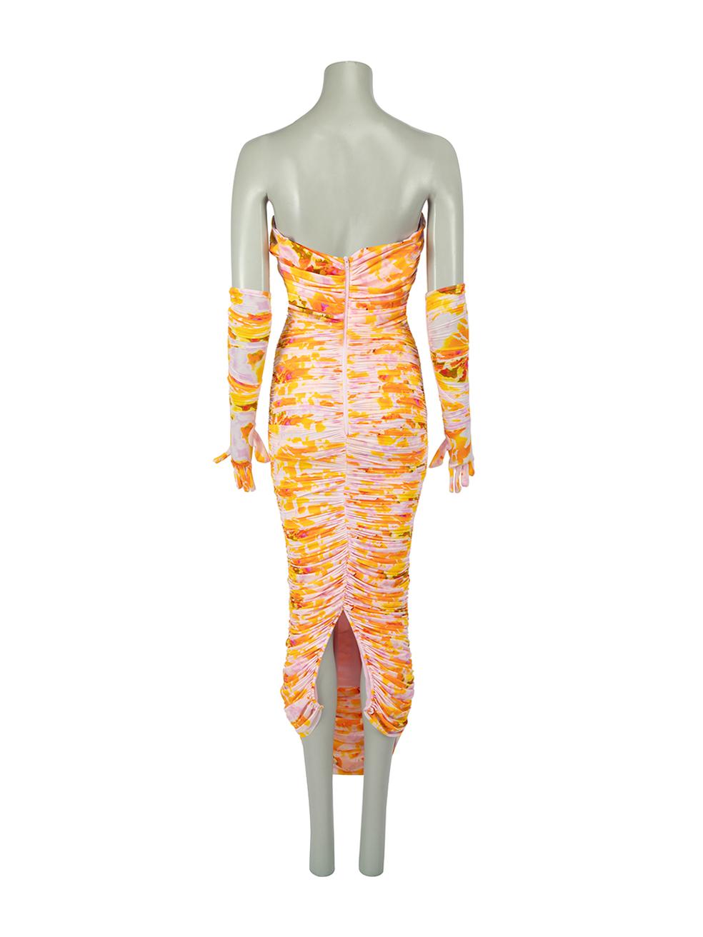 Alex Perry Tie Dye Ruched Parton Dress with Gloves Size XXS In New Condition For Sale In London, GB