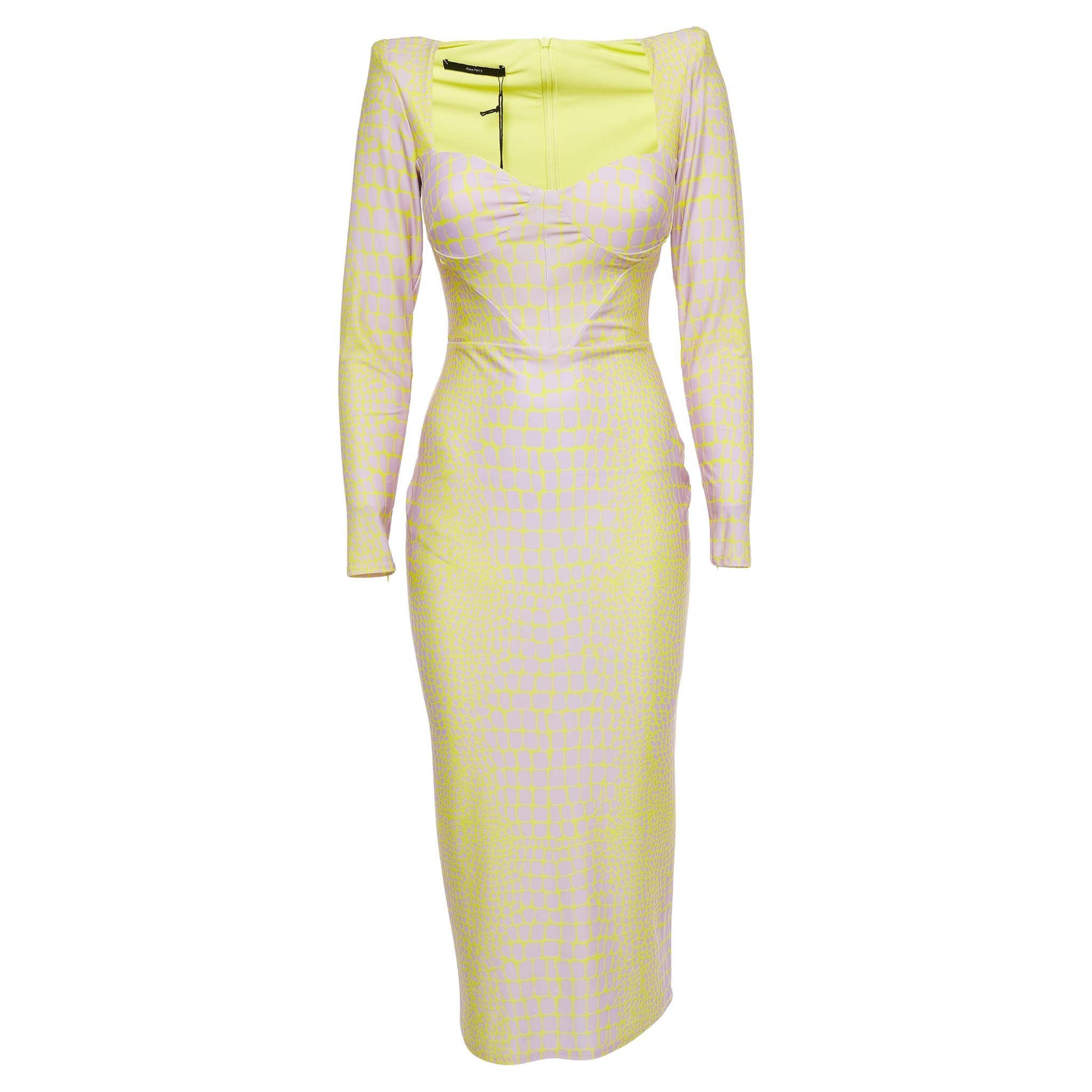 Alex Perry Yellow/Lilac Croc Print Jersey Midi Dress L For Sale