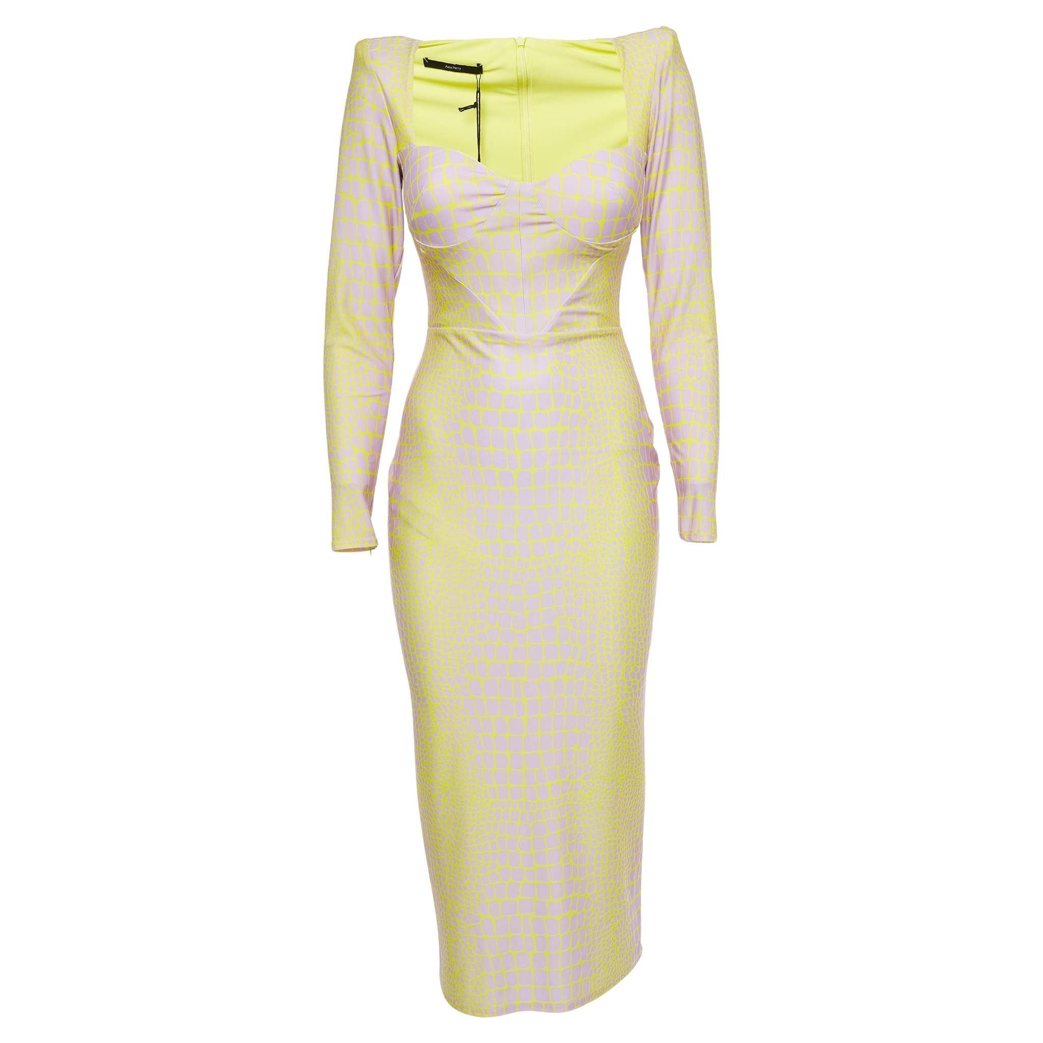 Alex Perry Yellow/Lilac Croc Print Jersey Midi Dress L For Sale