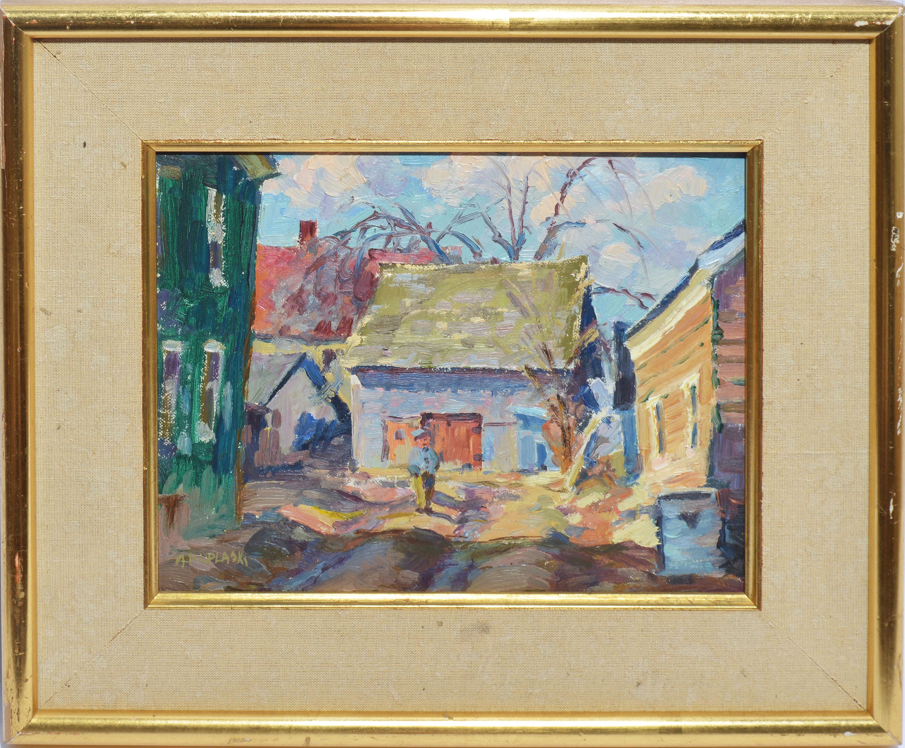 Alexander Poplaski Landscape Painting - American Impressionist New England Town Landscape Oil Painting by Alex Poplaski