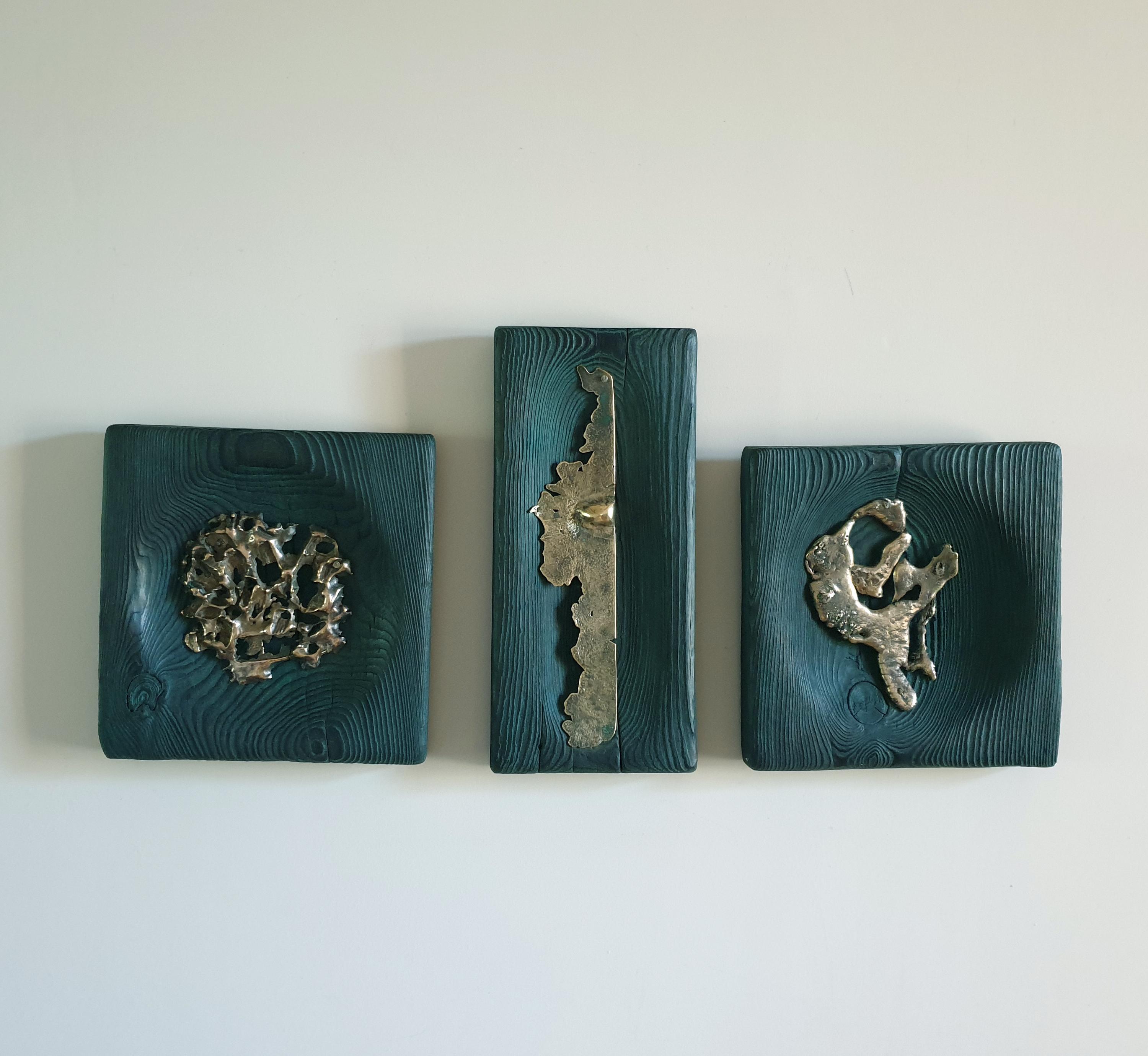 Alex Radionov Abstract Sculpture - Bronze Age2. wall sculpture, triptych, wood and bronze