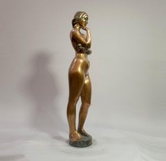 1980s Dreaming Girl Bronze Sculpture, Realist Style, 36x8 cm