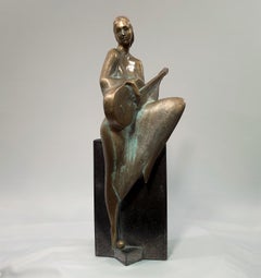Girl playing the quitar. Realism, solid bronze sculpture