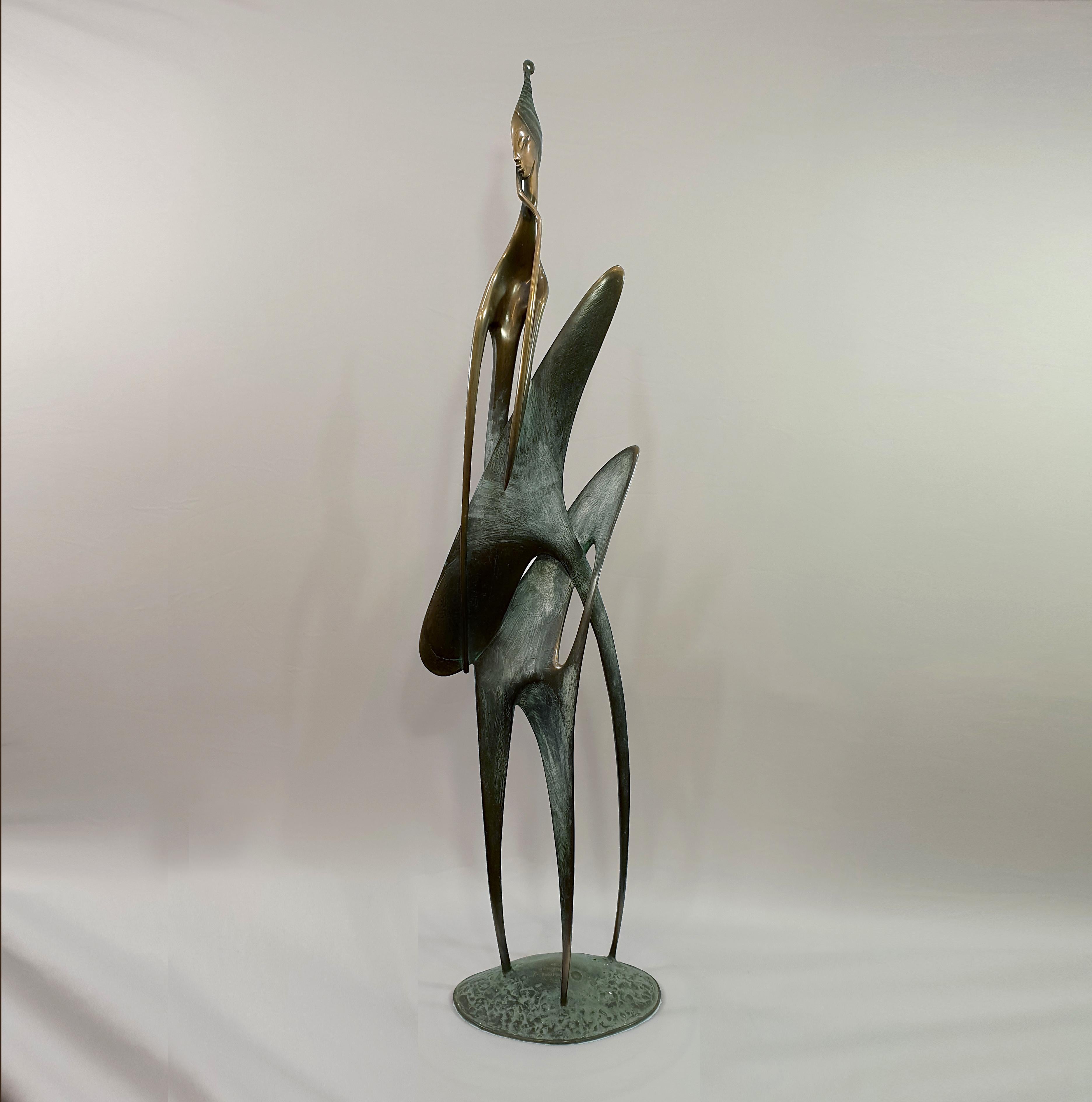 In Motion Cast Bronze Sculpture, Vintage 1991, Abstract Figurative
