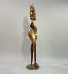 Walking Naked Sculpture, Polished Bronze, Vintage Figurative Art, 62cm