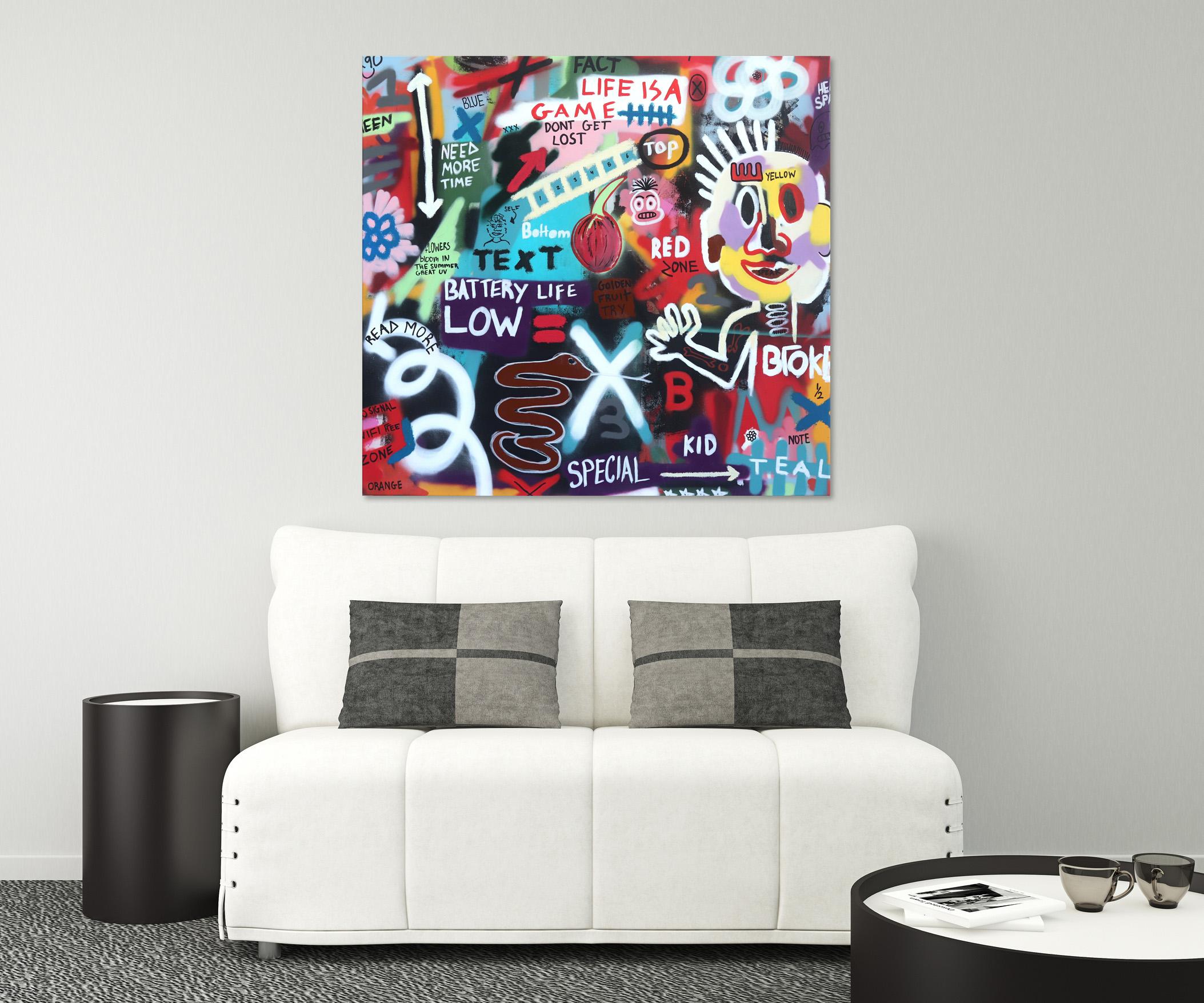Life Is A Game - Large Colorful Contemporary Street Art Painting Figures Text For Sale 1