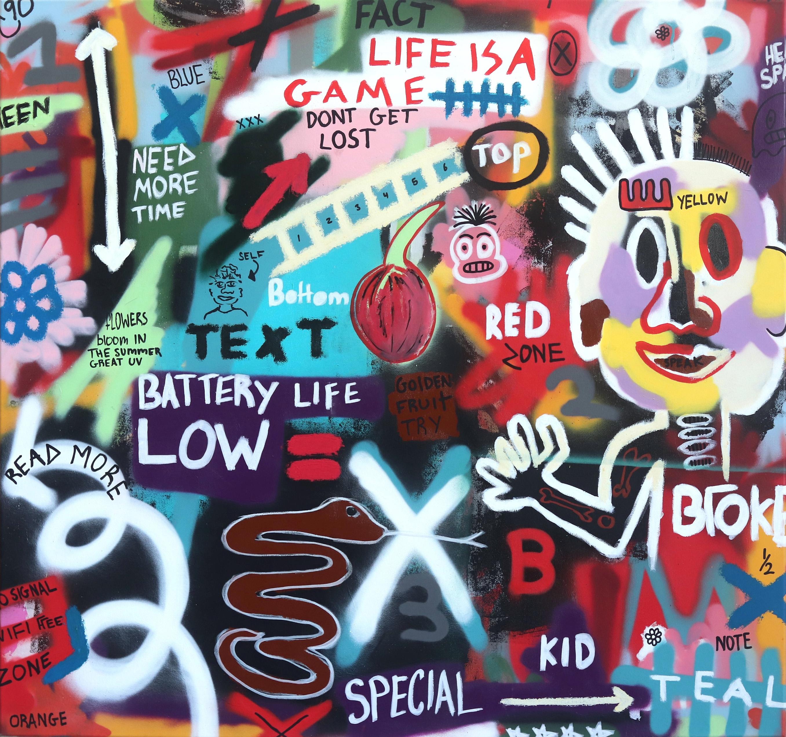 Das Leben ist ein Spiel - große bunte zeitgenössische Street Art Malerei Figuren Text