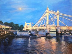 Le pont Albert et la jetée Cadogan – peinture à l'huile originale représentant un paysage urbain contemporain