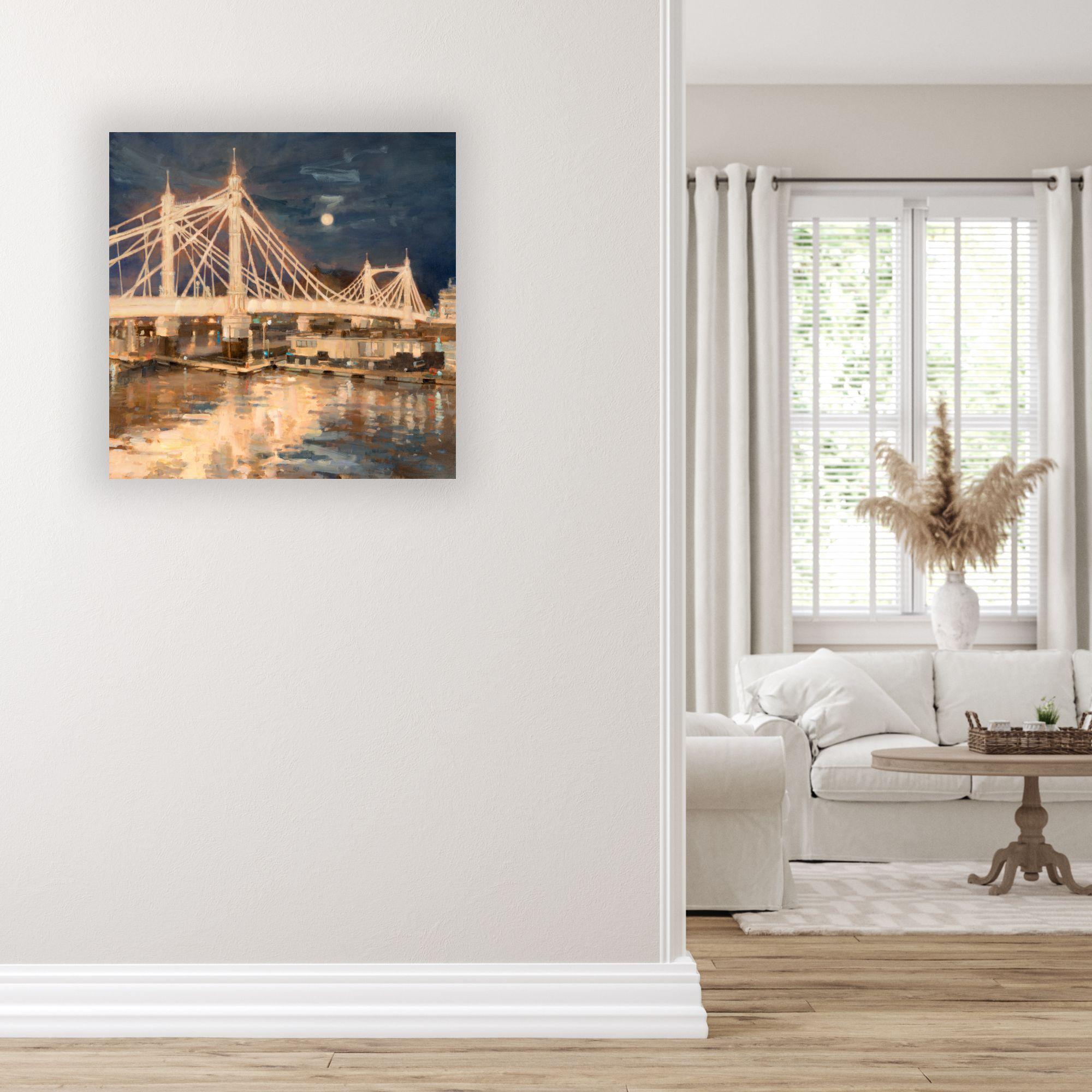 Albert Bridge sotto la luna di Hunter - dipinto originale di paesaggio urbano - arte contemporanea - Painting di Alex Rennie