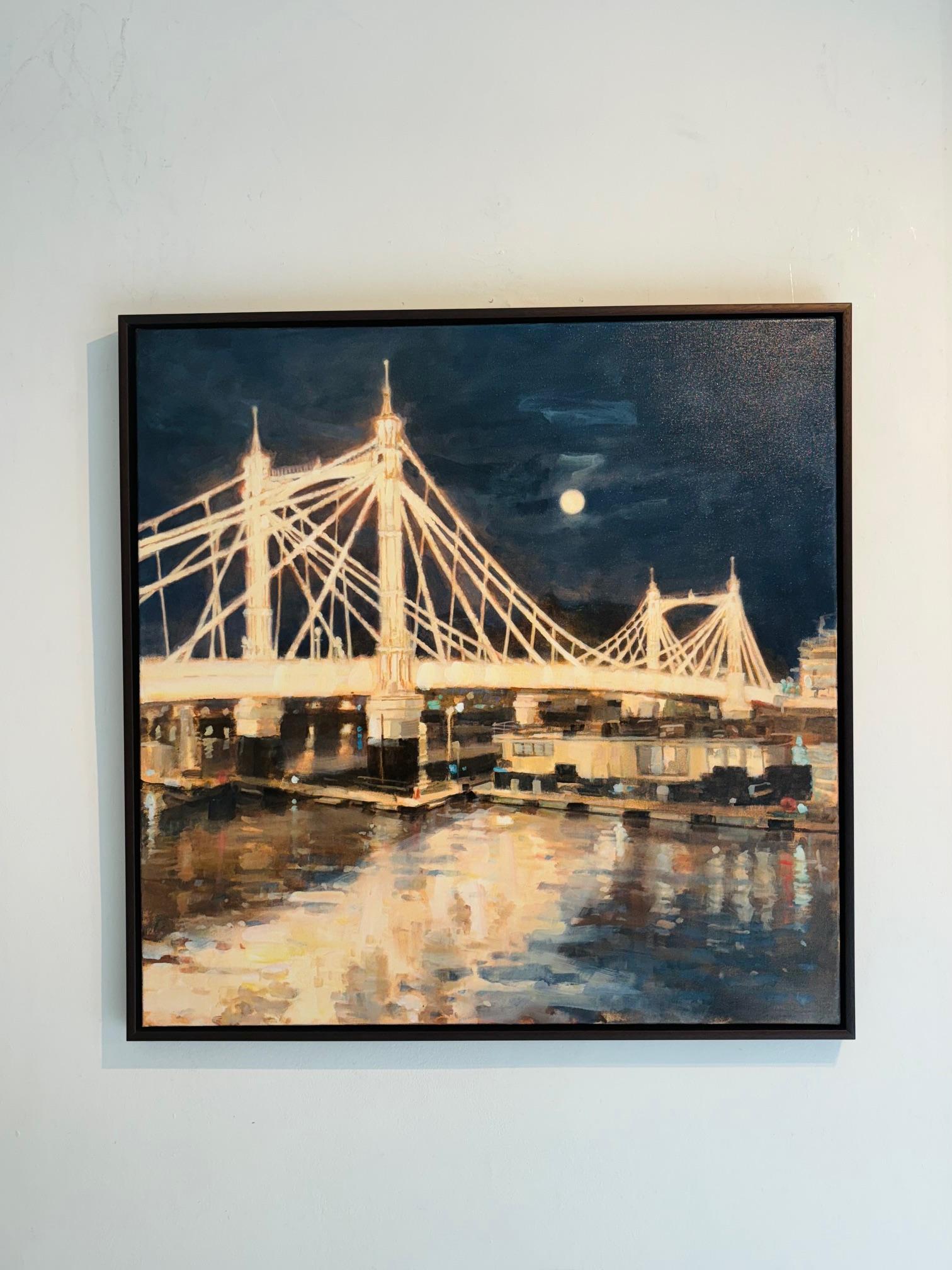 Albert Bridge sotto la luna di Hunter - dipinto originale di paesaggio urbano - arte contemporanea - Painting Impressionismo di Alex Rennie