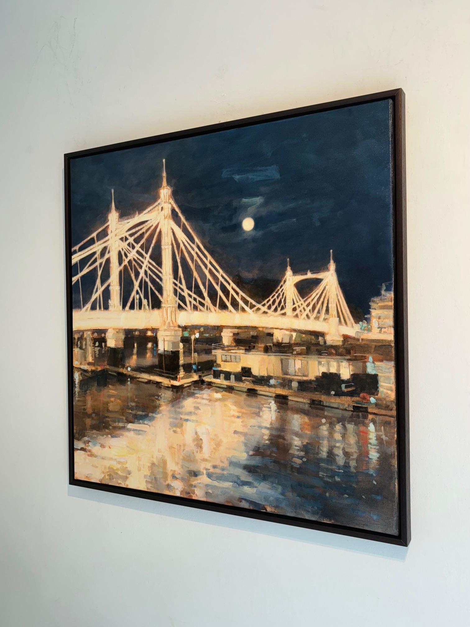 Albert Bridge sotto la luna di Hunter - dipinto originale di paesaggio urbano - arte contemporanea - Landscape Painting Grigio di Alex Rennie