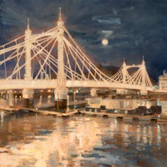 Albert Bridge sotto la luna di Hunter - dipinto originale di paesaggio urbano - arte contemporanea