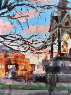 Albert Hall et Memorial- peinture à l'huile originale d'un paysage urbain - œuvre d'art contemporain