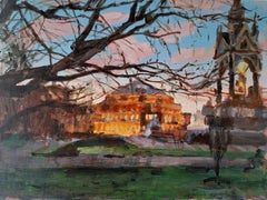 Albert Hall y Memorial - pintura al óleo original de un paisaje urbano - obra de arte contemporánea