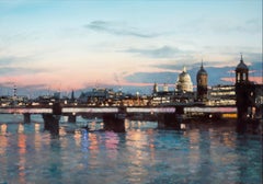 Atardecer desde el Puente de Londres -pintura al óleo original de un paisaje urbano-obra de arte contemporánea