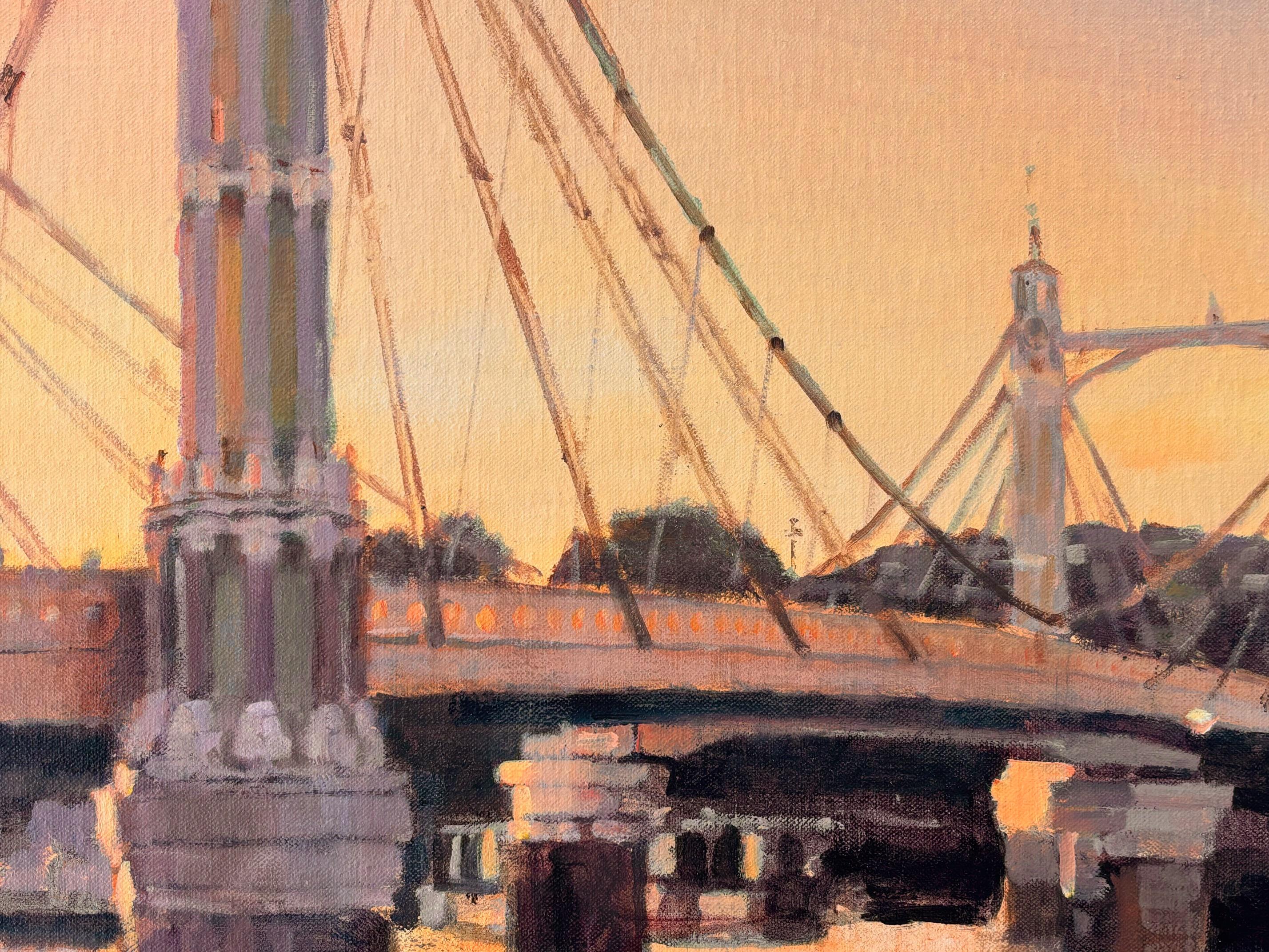 Late Sun, Albert Bridge -original cityscape oil painting-contemporary Artwork - Brown Landscape Painting by Alex Rennie