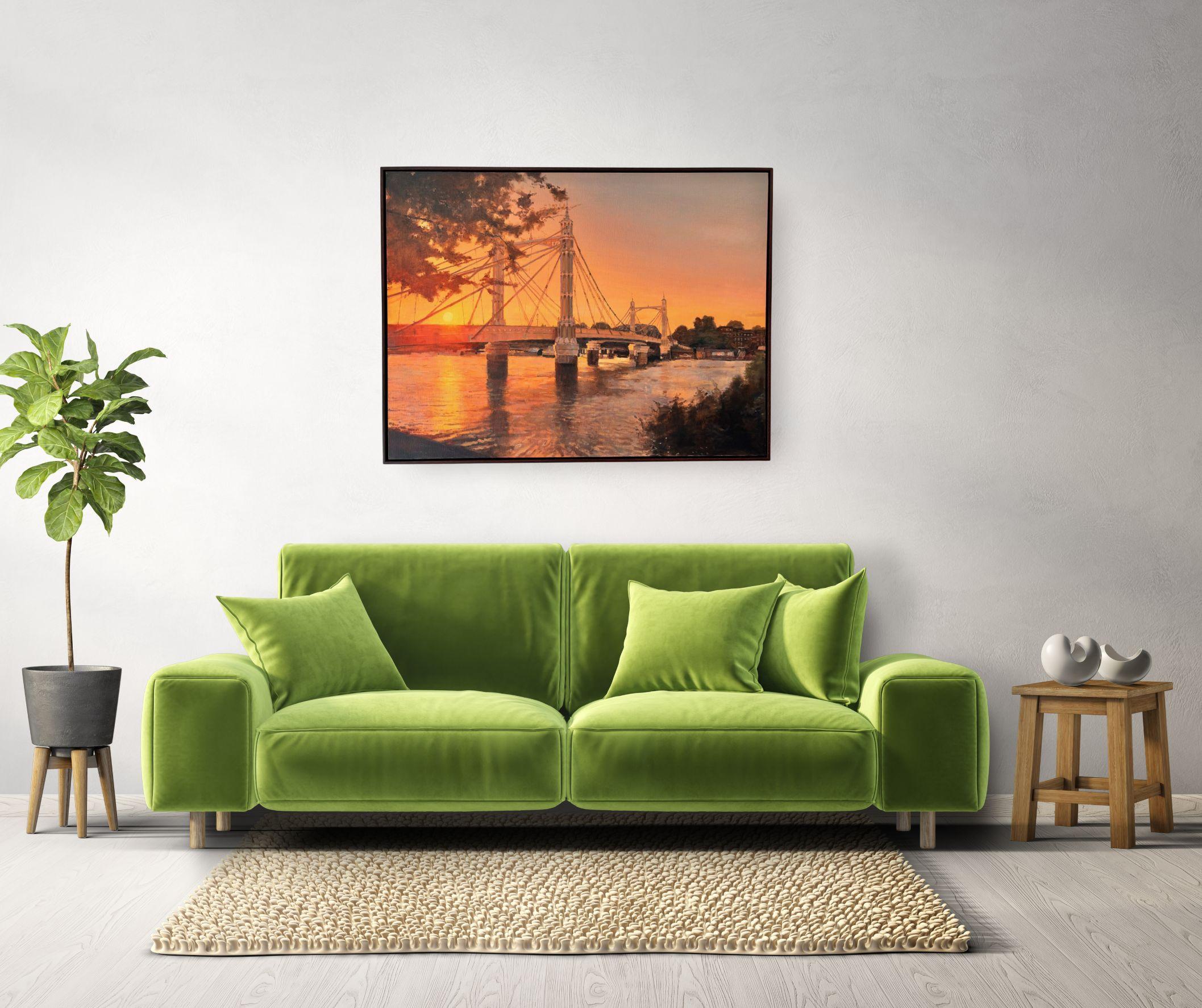 This exceptional artwork is currently on display and available for sale at Signet Contemporary Art Gallery and online.

In Late Sun, Albert Bridge, Alex Rennie beautifully captures the quiet grandeur of London’s Albert Bridge at dusk. Painted in oil