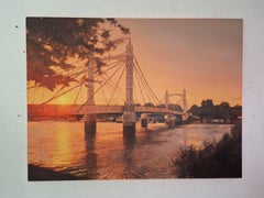 Soleil tardif, Albert Bridge - peinture à l'huile originale d'un paysage urbain-œuvre d'art contemporain