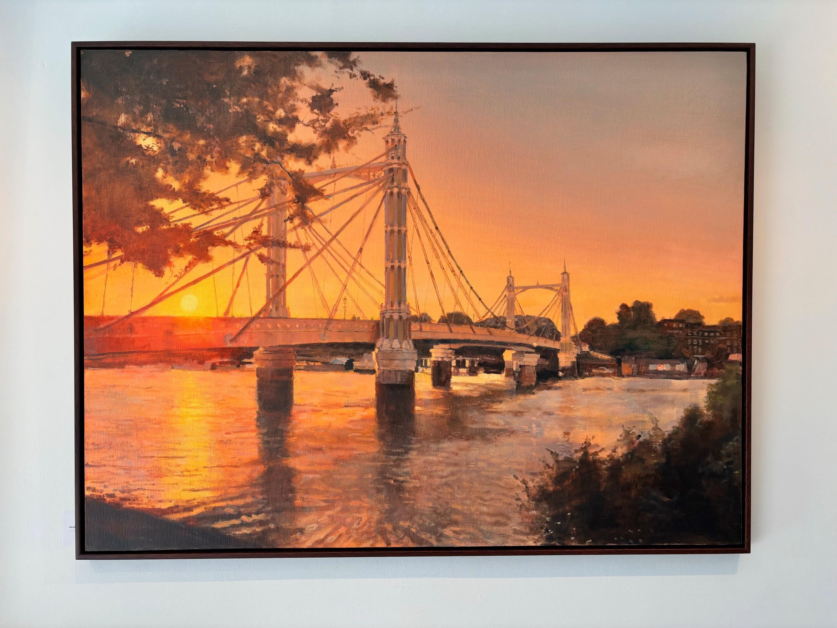 Späte Sonne, Albert-Brücke -Original-Ölgemälde einer Stadtlandschaft-zeitgenössisches Kunstwerk