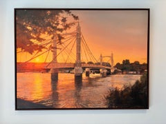 Späte Sonne, Albert-Brücke -Original-Ölgemälde einer Stadtlandschaft-zeitgenössisches Kunstwerk