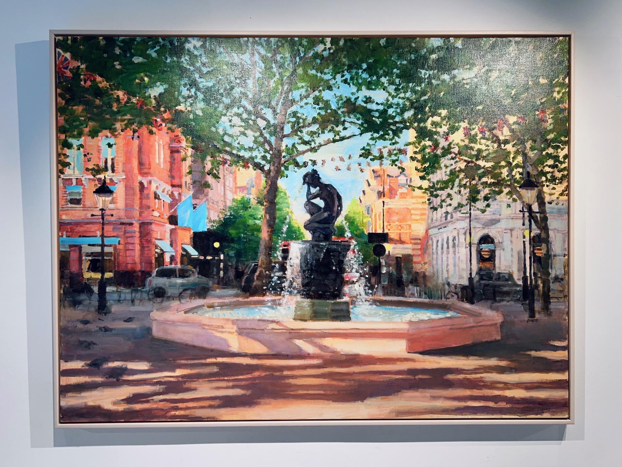Sloan Square avec statue - peinture à l'huile originale d'un paysage urbain - art contemporain - Impressionnisme Painting par Alex Rennie