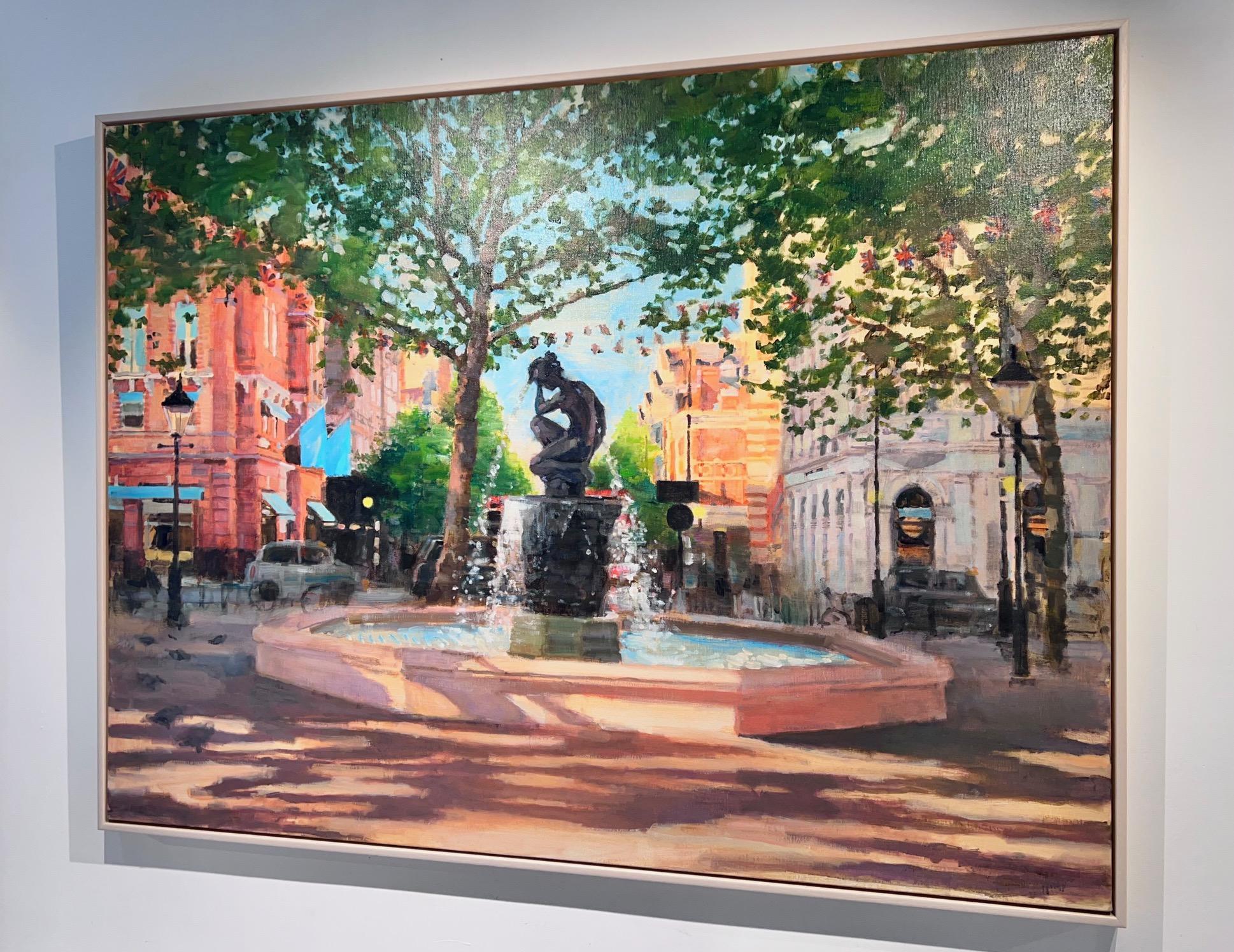 Sloan Square avec statue - peinture à l'huile originale d'un paysage urbain - art contemporain - Gris Landscape Painting par Alex Rennie