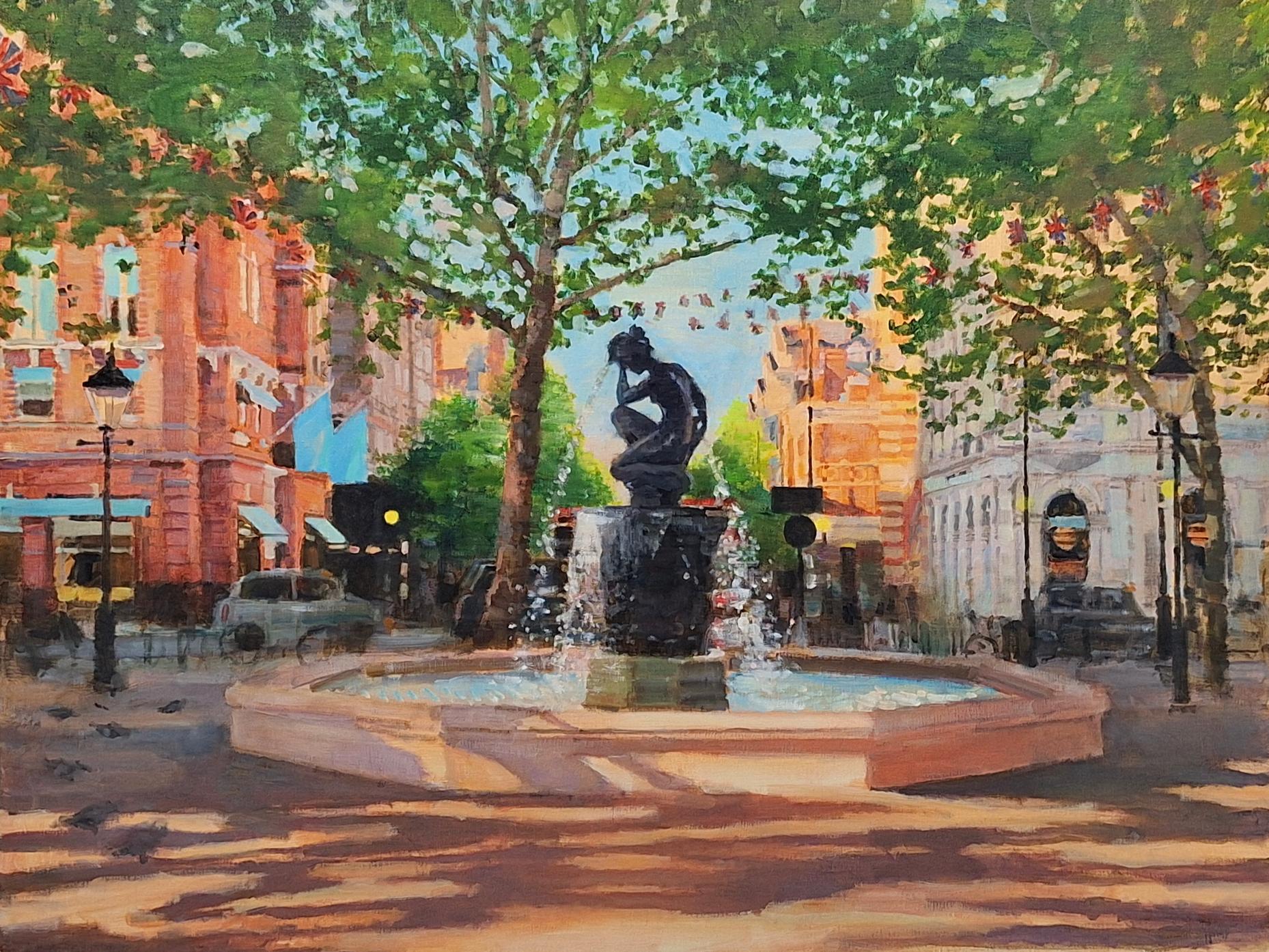 Sloan Square avec statue - peinture à l'huile originale d'un paysage urbain - art contemporain