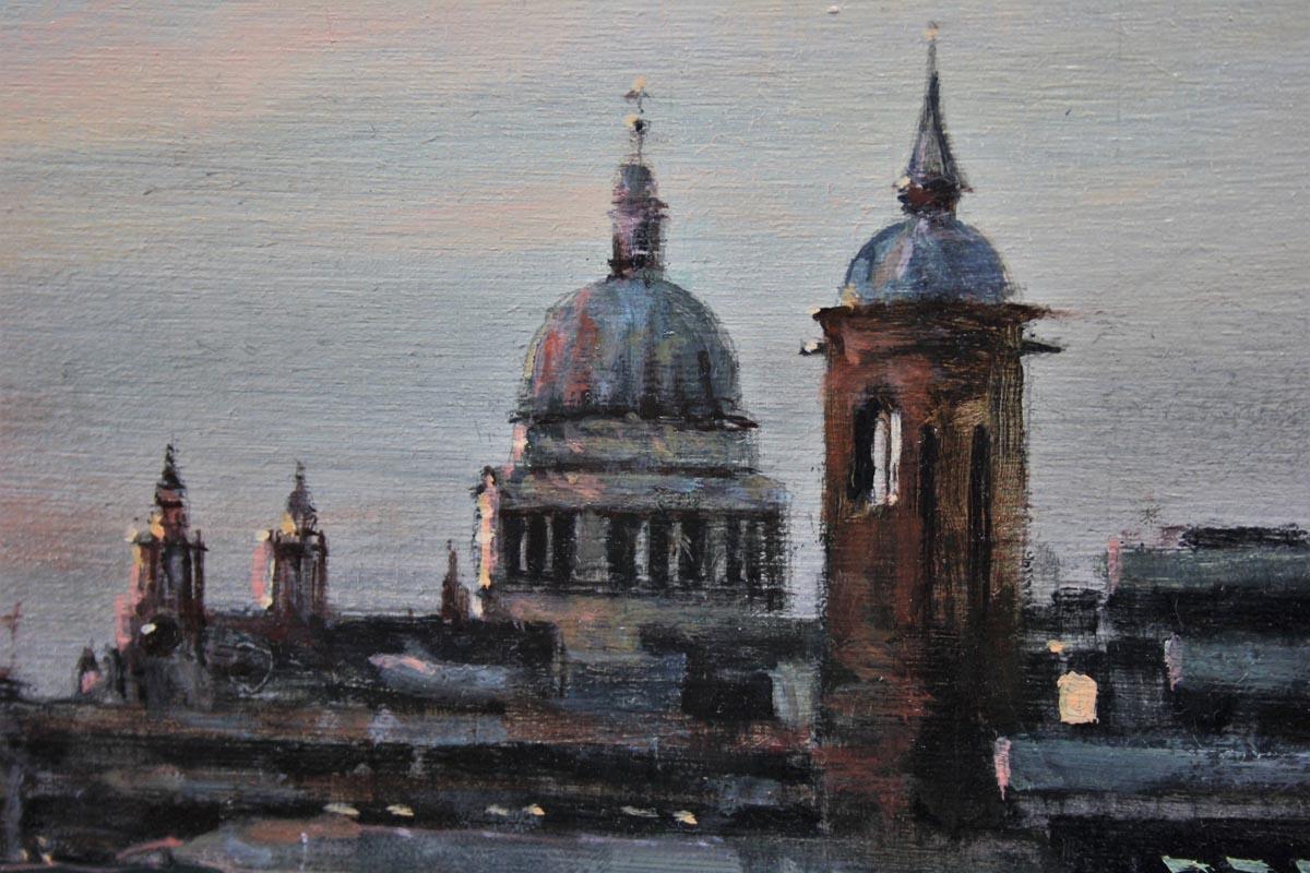 Sun over Cannon Street (n°3) par ALEX RENNIE, peinture à l'huile originale de paysage urbain - Painting de Alex Rennie