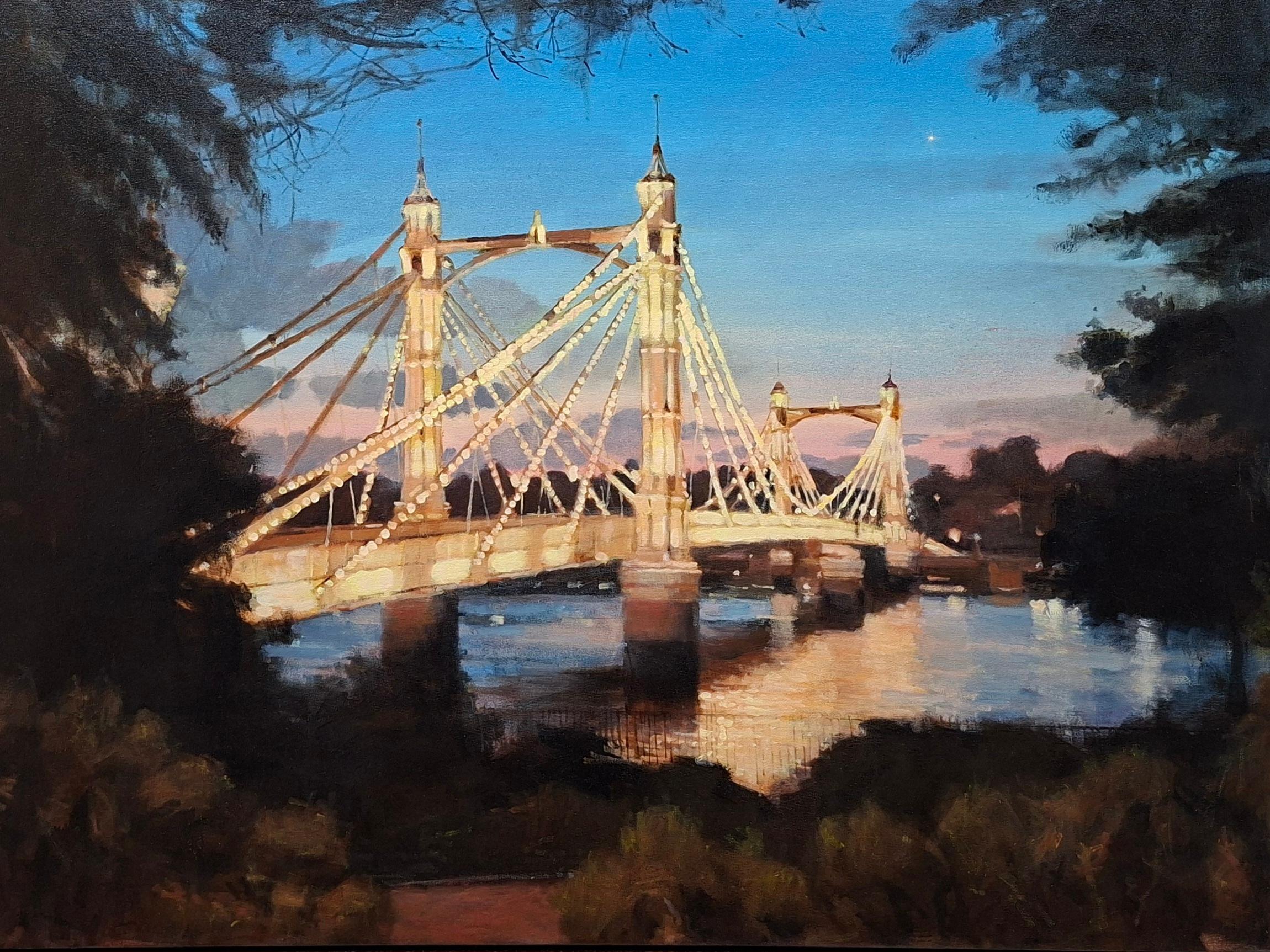 Landscape Painting Alex Rennie - Vénus au-dessus du pont Albert – peinture à l'huile originale représentant un paysage urbain – œuvre d'art contemporaine