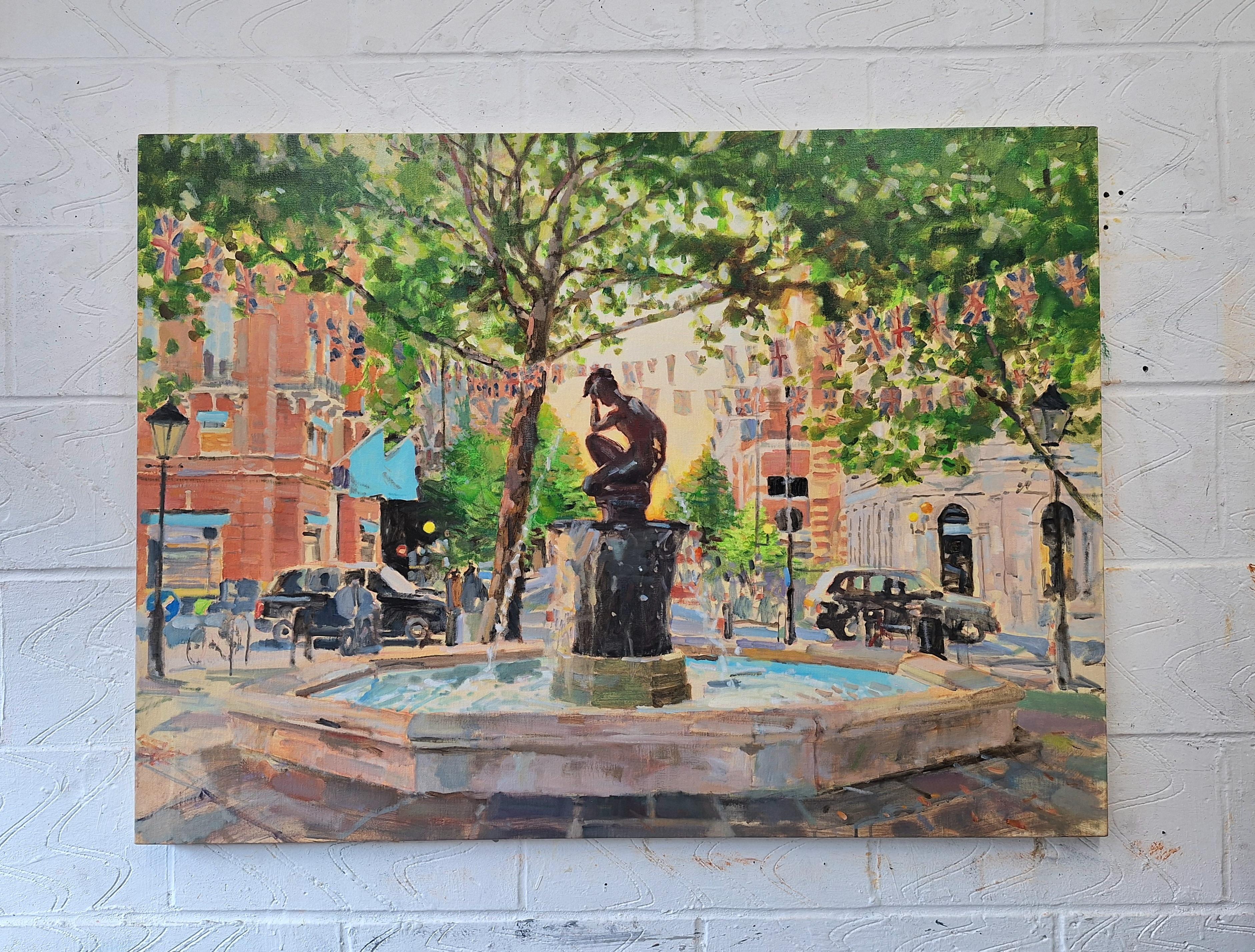 Venus, Sloane Square - pittura ad olio originale di paesaggio urbano - Arte contemporanea - Landscape Painting Marrone di Alex Rennie