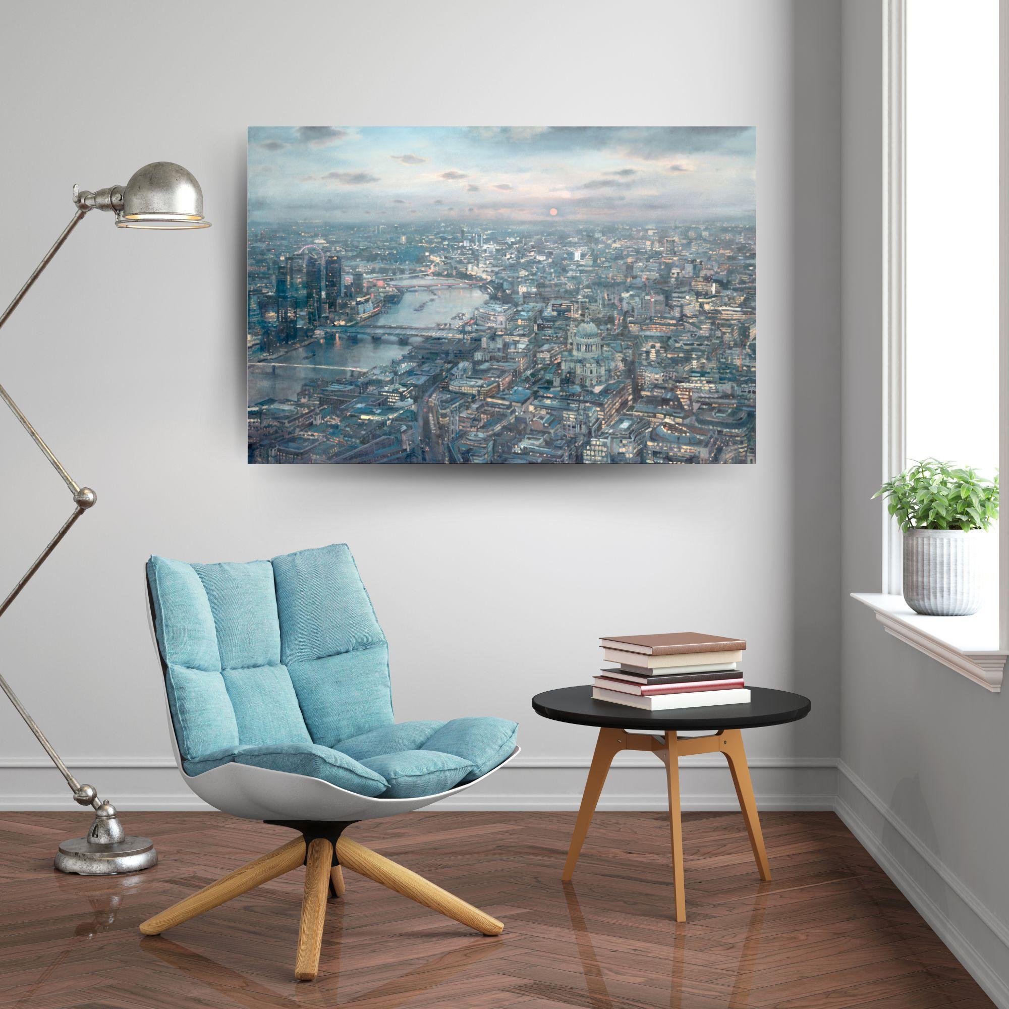Waterloo and City-original cityscape oil painting-contemporary impressionism Art - Painting by Alex Rennie