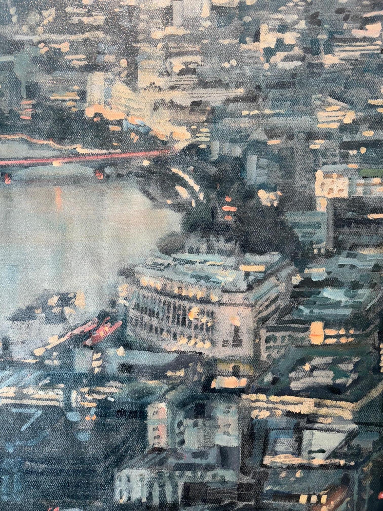 This exceptional artwork is currently on display and available for sale at Signet Contemporary Art Gallery and online.

Alex Rennie’s Waterloo and City is a breathtaking aerial cityscape that captures the dense architecture and urban energy of