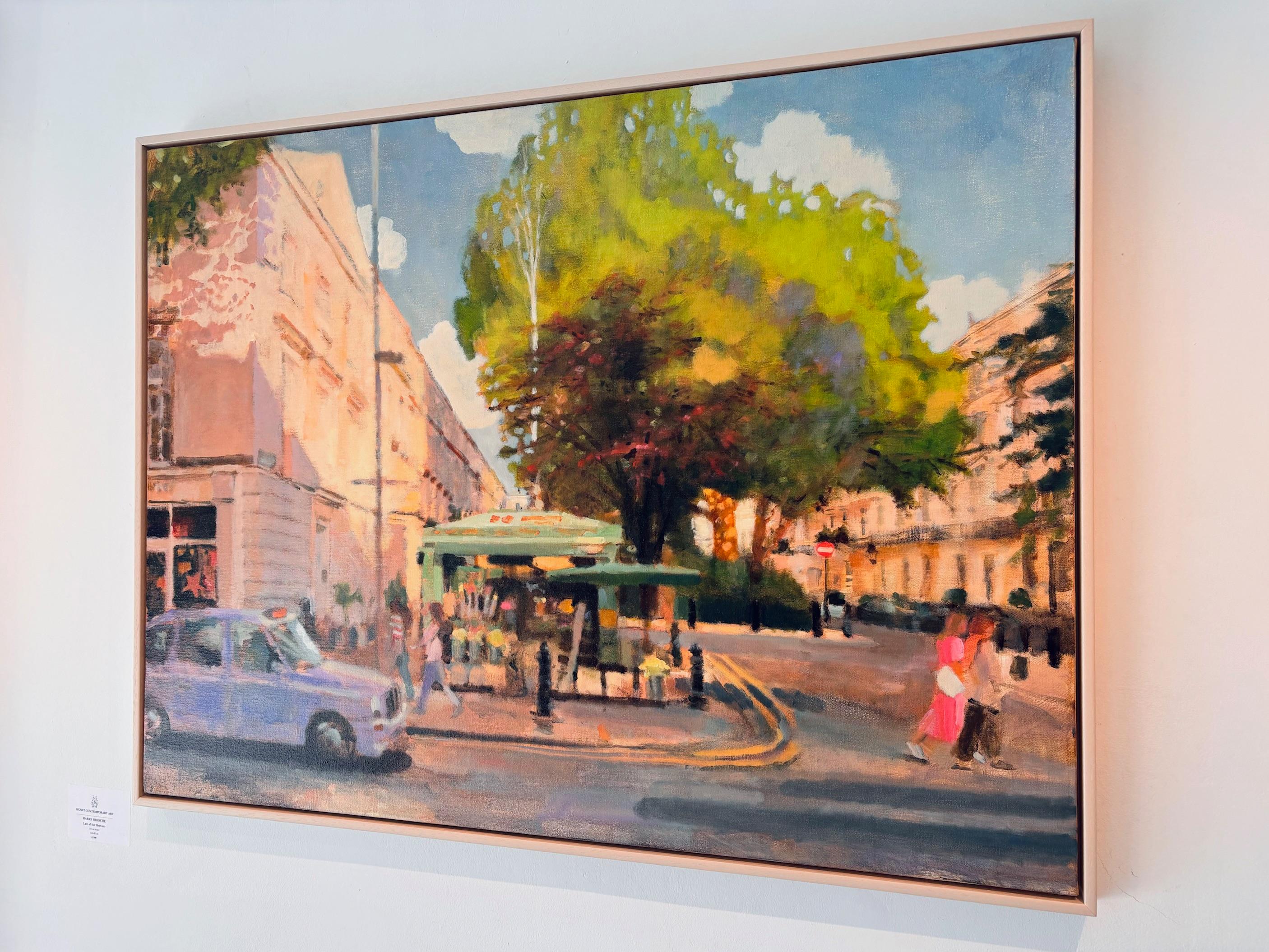 Wellington Square in Bloom -original cityscape oil painting-contemporary Art - Gray Landscape Painting by Alex Rennie