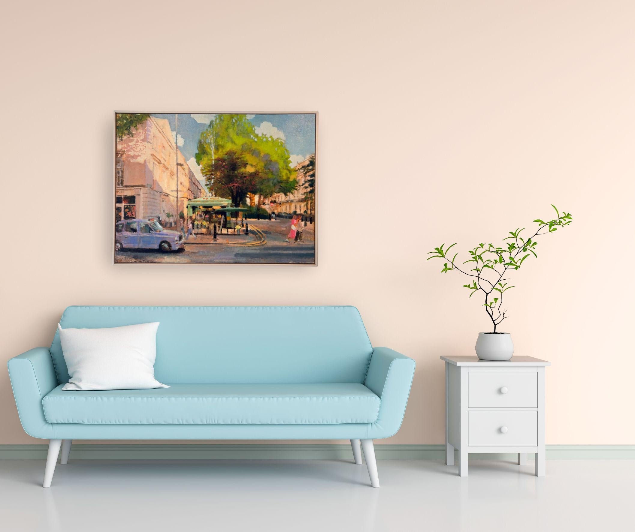 This exceptional artwork is currently on display and available for sale at Signet Contemporary Art Gallery and online. In Wellington Square in Bloom, Alex Rennie captures the sweet, bright joy of a London spring afternoon. Rendered in oil on linen,
