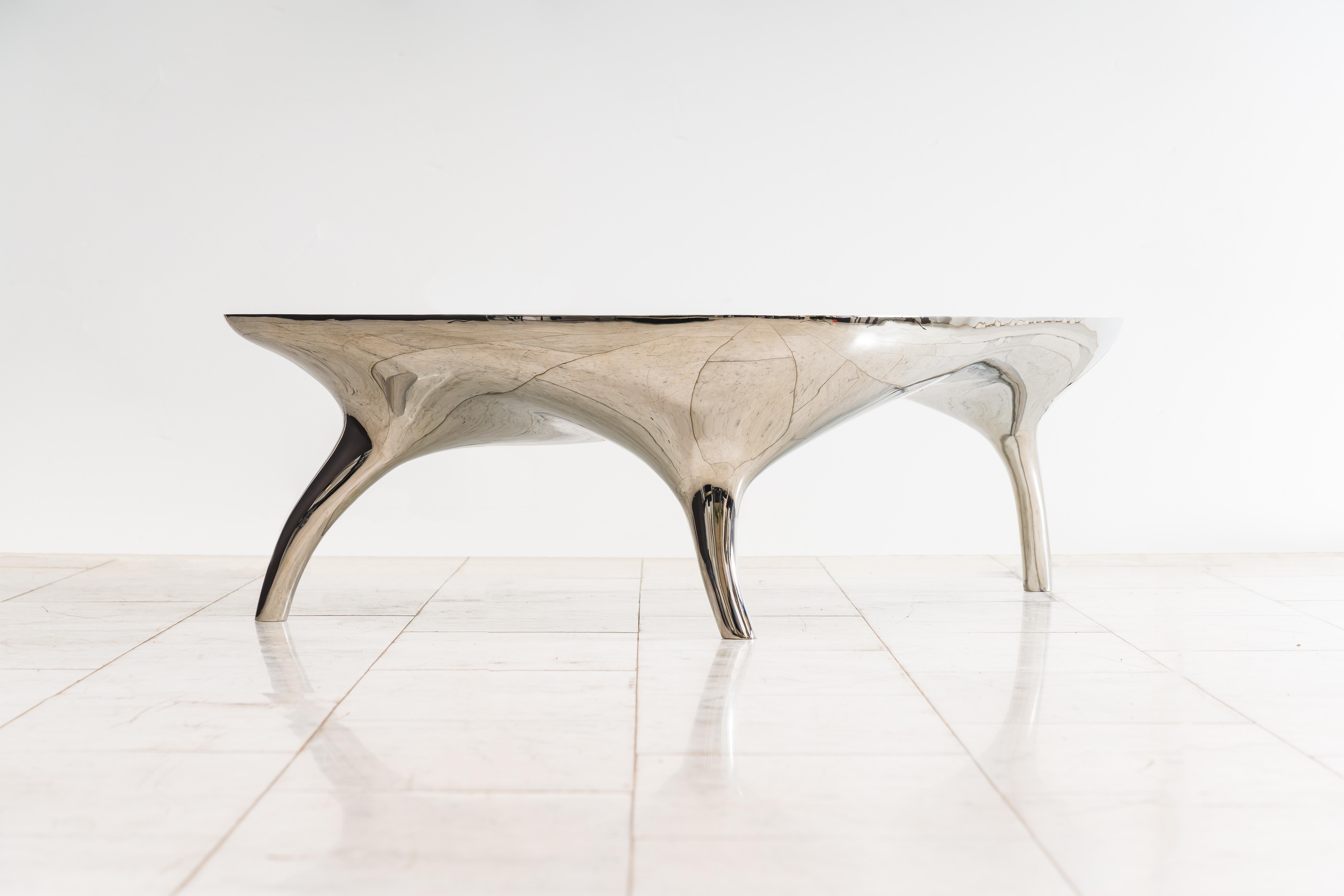 Stainless Steel Alex Roskin, Trois Jambes Low Table, USA For Sale