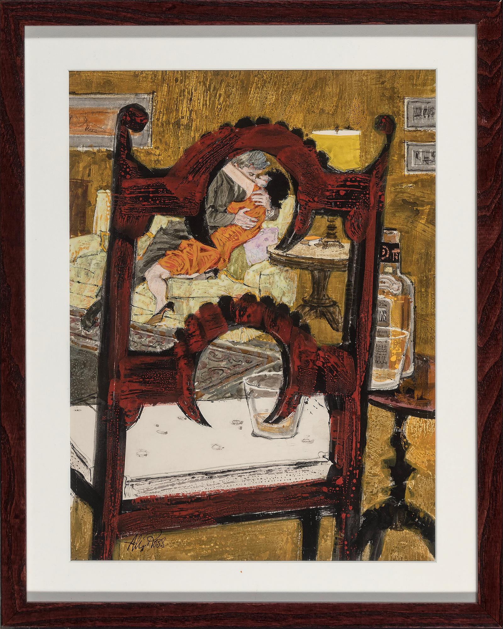  Voyeur-Stuhl. Romantic Couple Kissen und Umarmen, Illustration aus der Mitte des Jahrhunderts   – Painting von Alex Ross