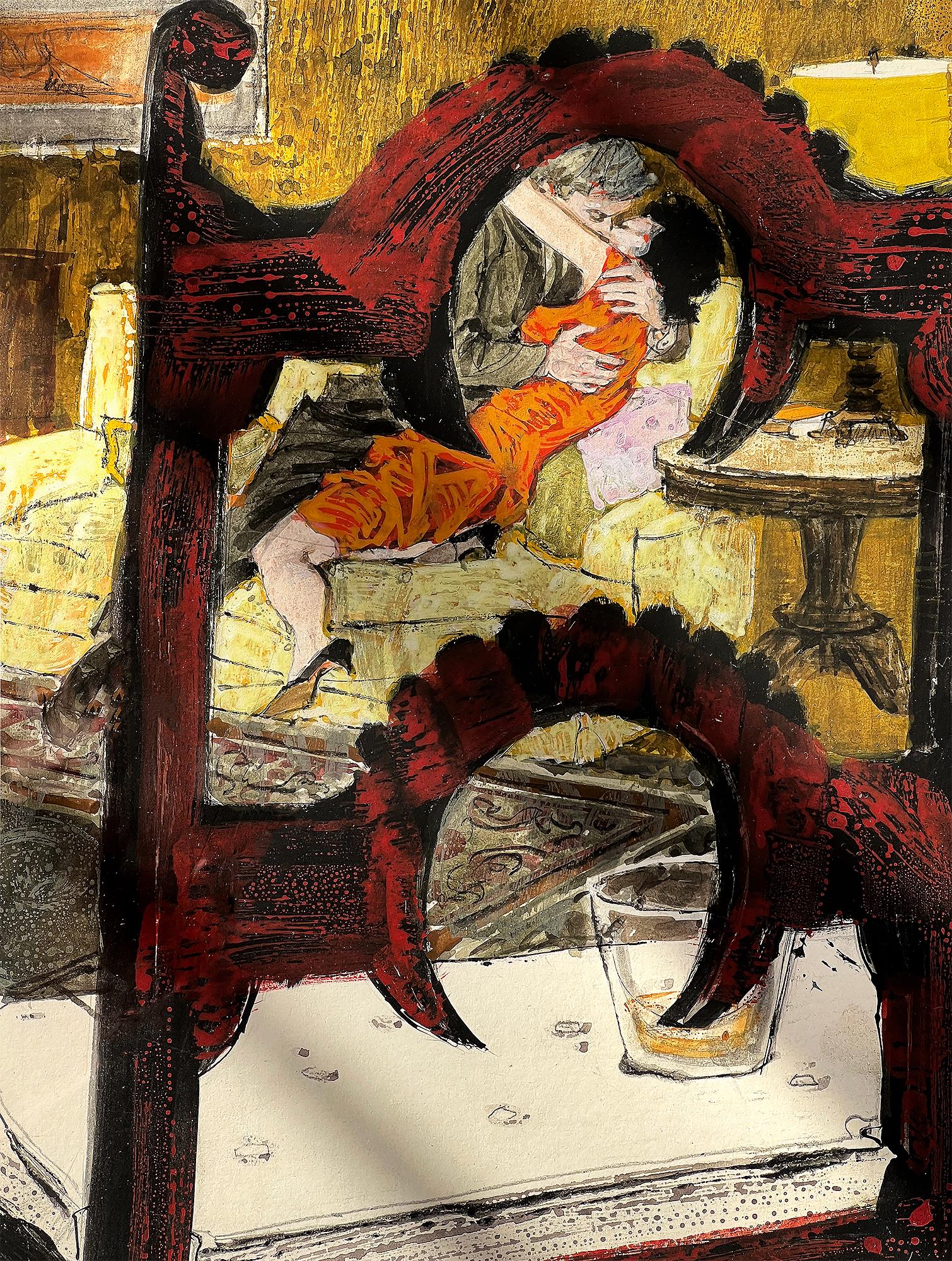  Voyeur-Stuhl. Romantic Couple Kissen und Umarmen, Illustration aus der Mitte des Jahrhunderts   (Romantik), Painting, von Alex Ross