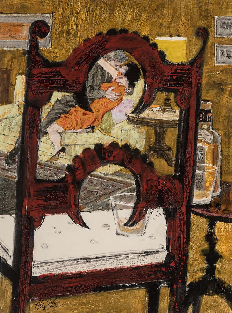 Voyeur chair. Romantic Couple Kissing and Embracing, Mid Century Illustration