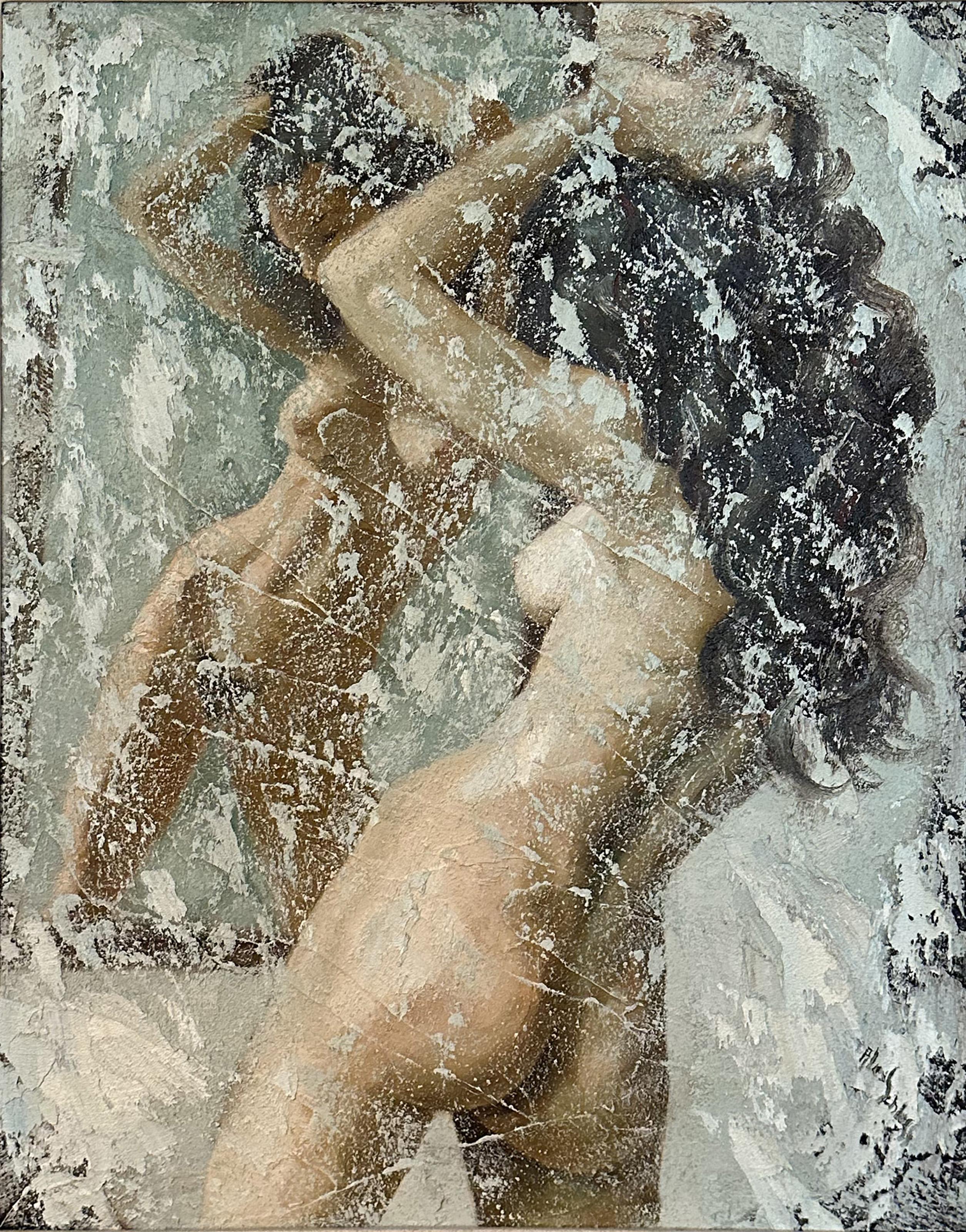 Nu posant dans un miroir, huile moderne et sable sur Masonite par Alex Schloss en vente 2
