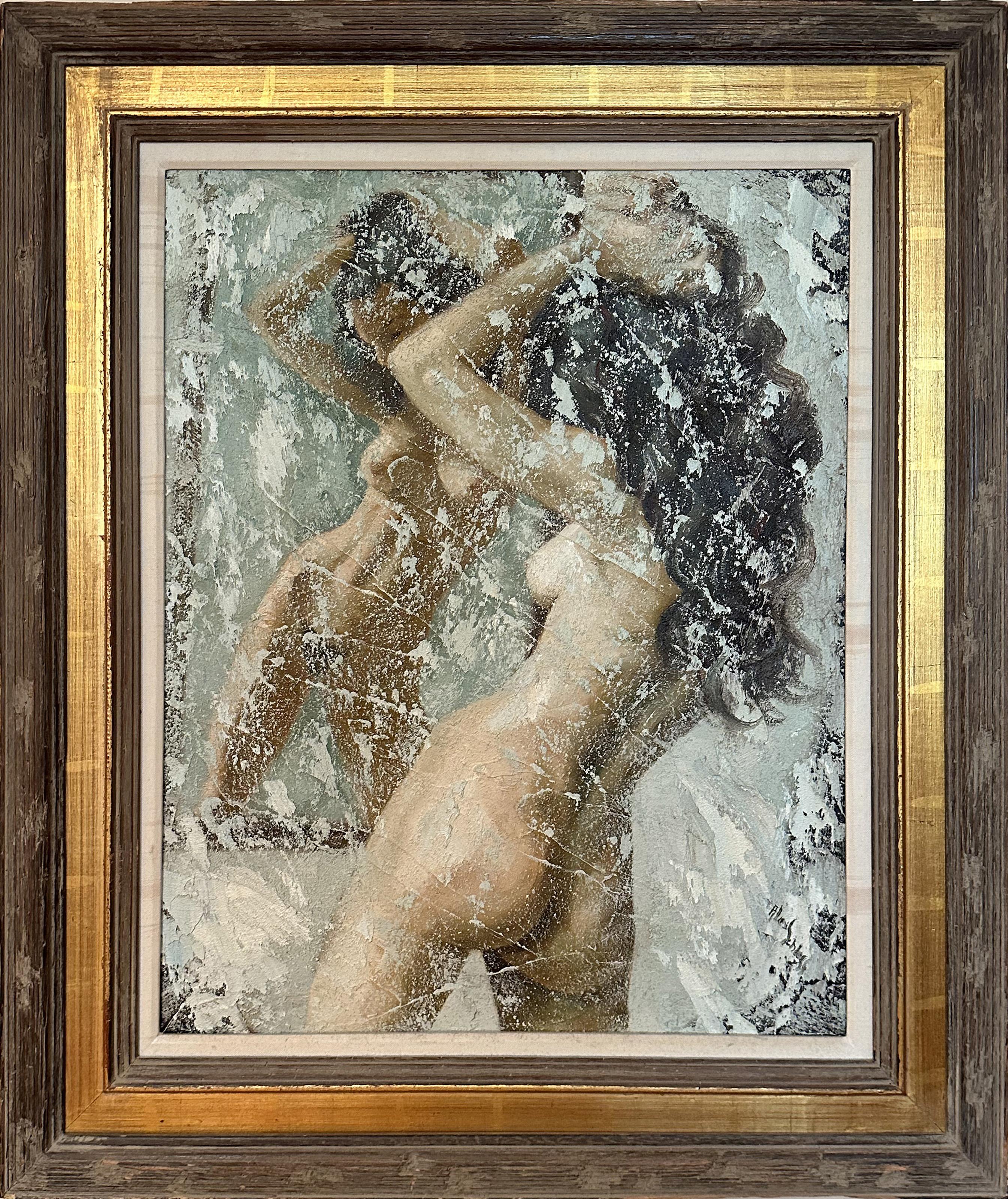 Alex Schloss, Américain (1921 - 2011) - Nu posant dans un miroir, Année :  circa 1980, Medium :  Huile et sable sur Masonite, Taille :  30 x 24 in. (76.2 x 60.96 cm), Taille du cadre :  39 x 32 pouces