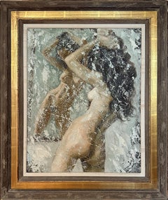 Nude Posing in Mirror, Modern Oil and Sand on Masonite by Alex Schloss